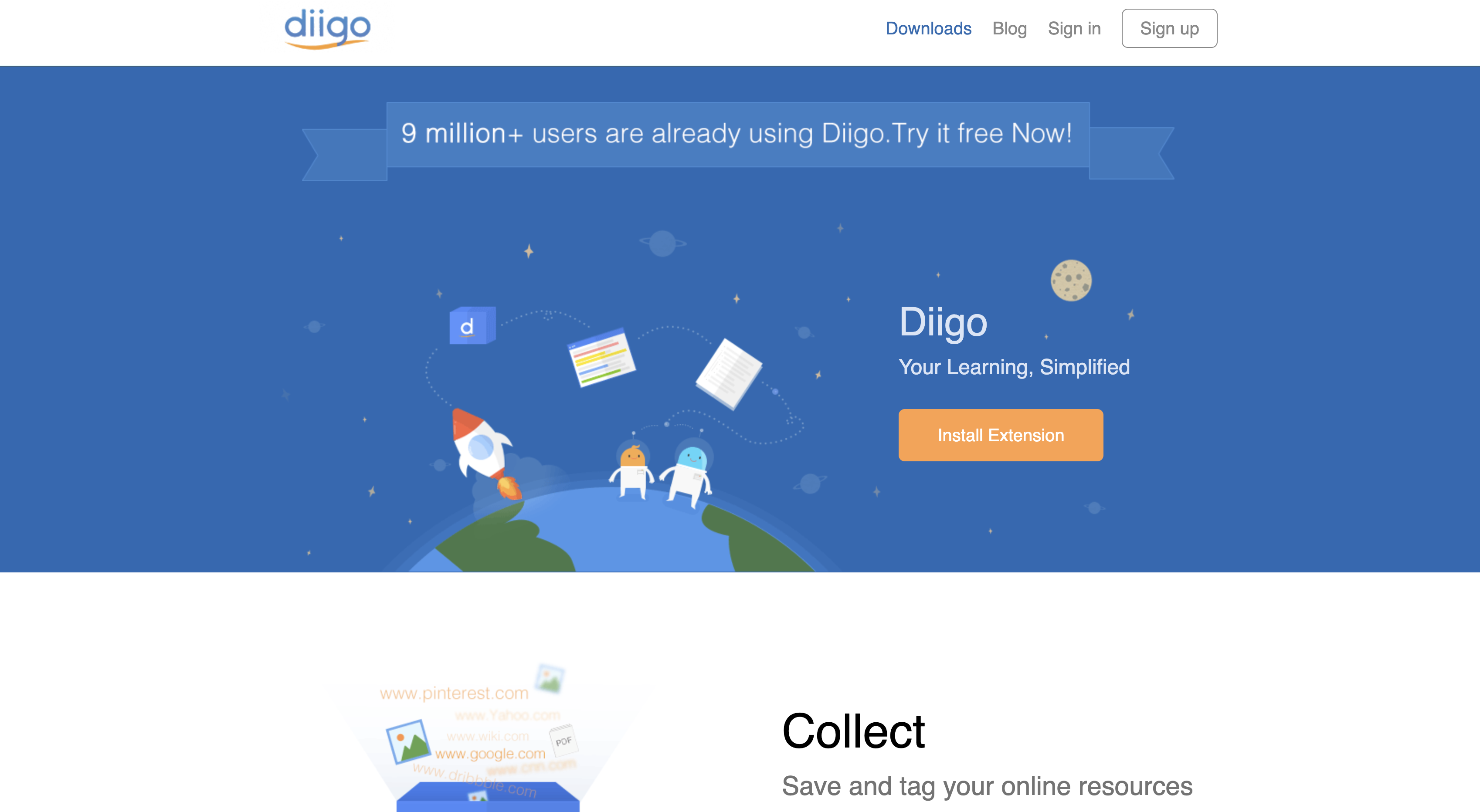 Screenshot of Diigo homepage.