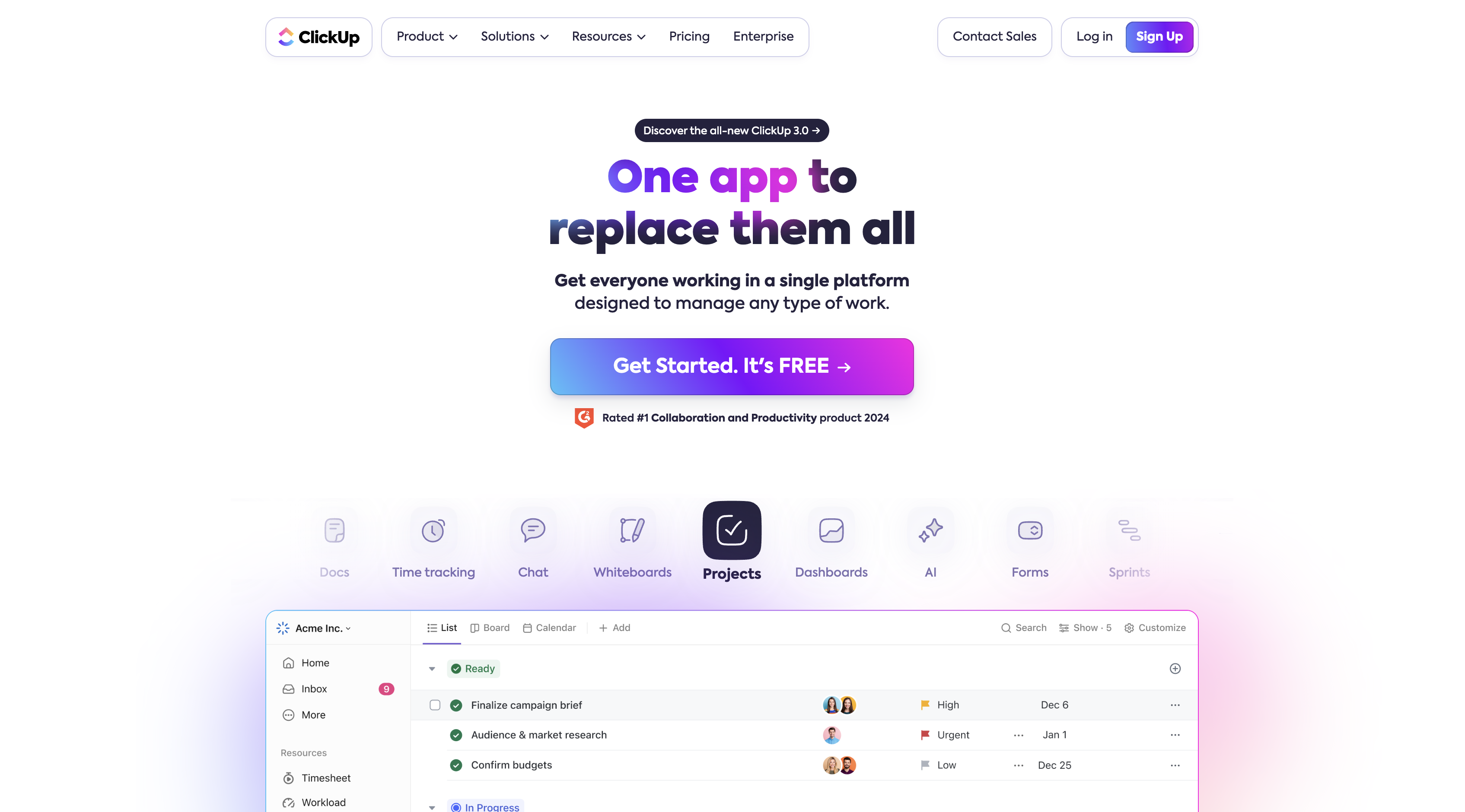 Screenshot of ClickUp homepage.