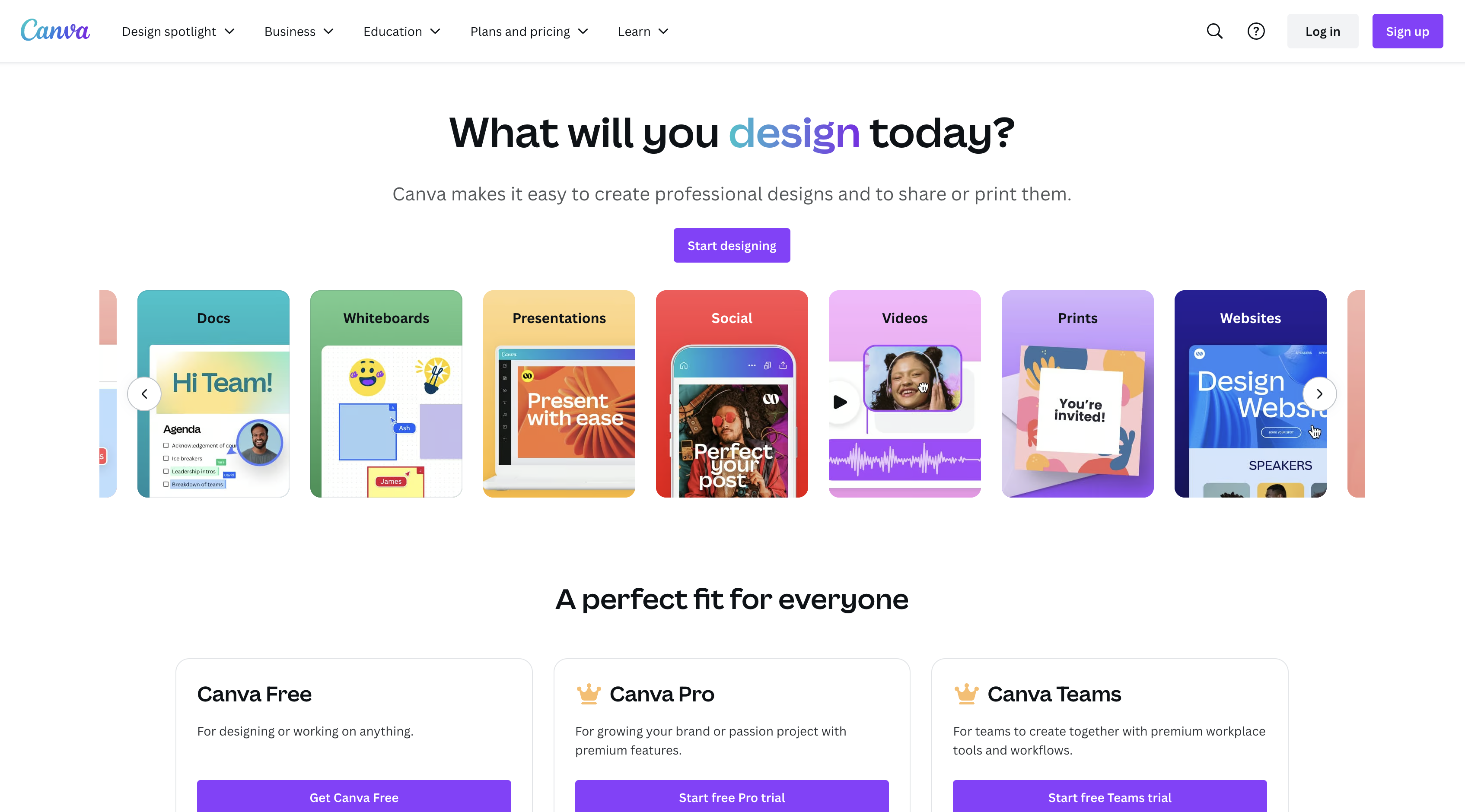 Screenshot of Canva homepage.