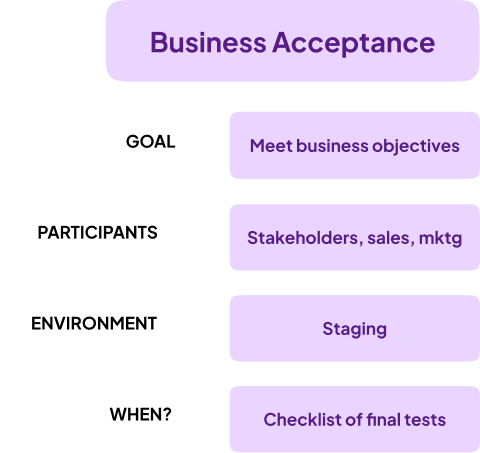 A high-level overview of business acceptance testing goals, participants, environment, and timing.