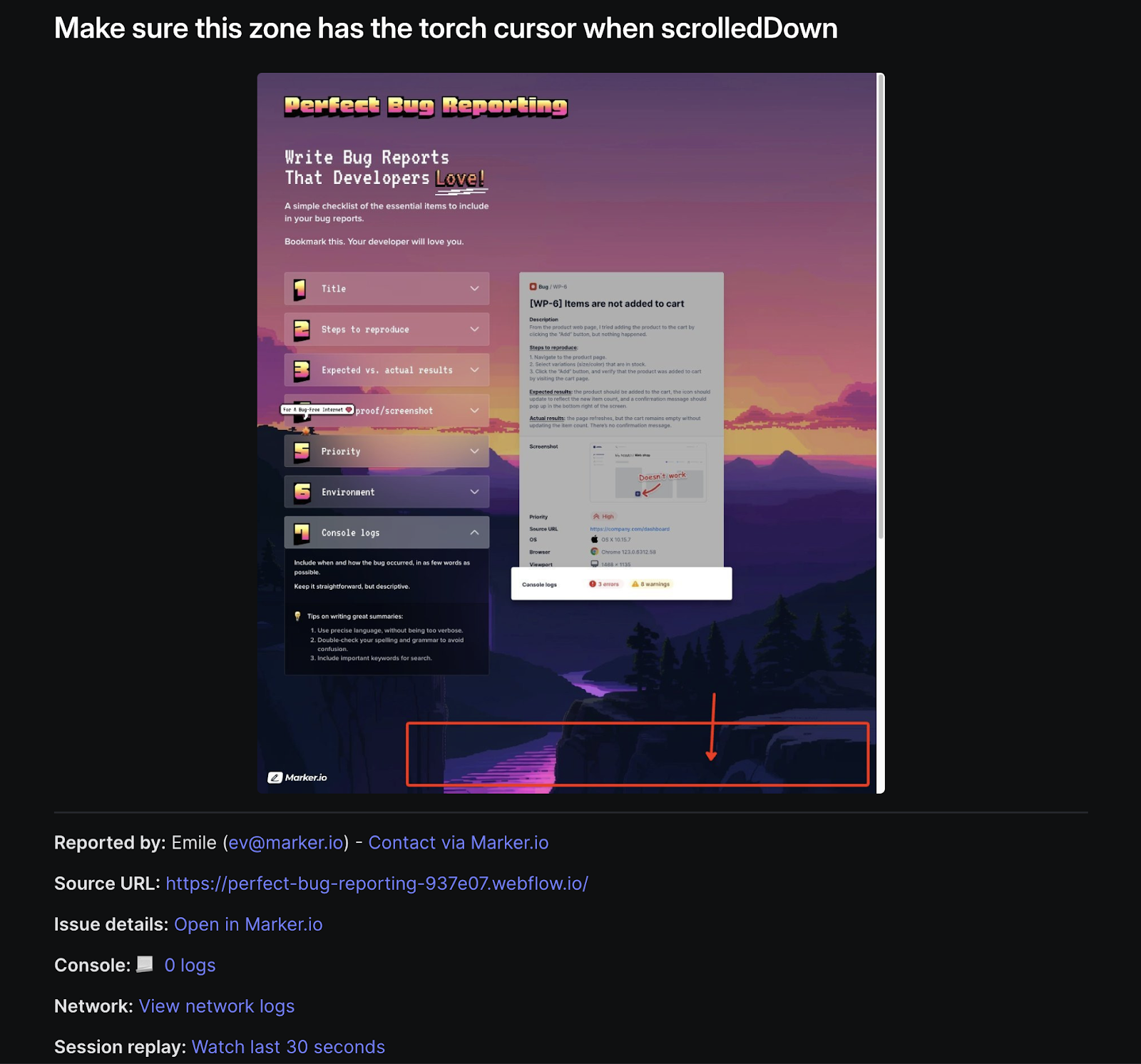 An individual, detailed bug reported through the Marker.io widget.