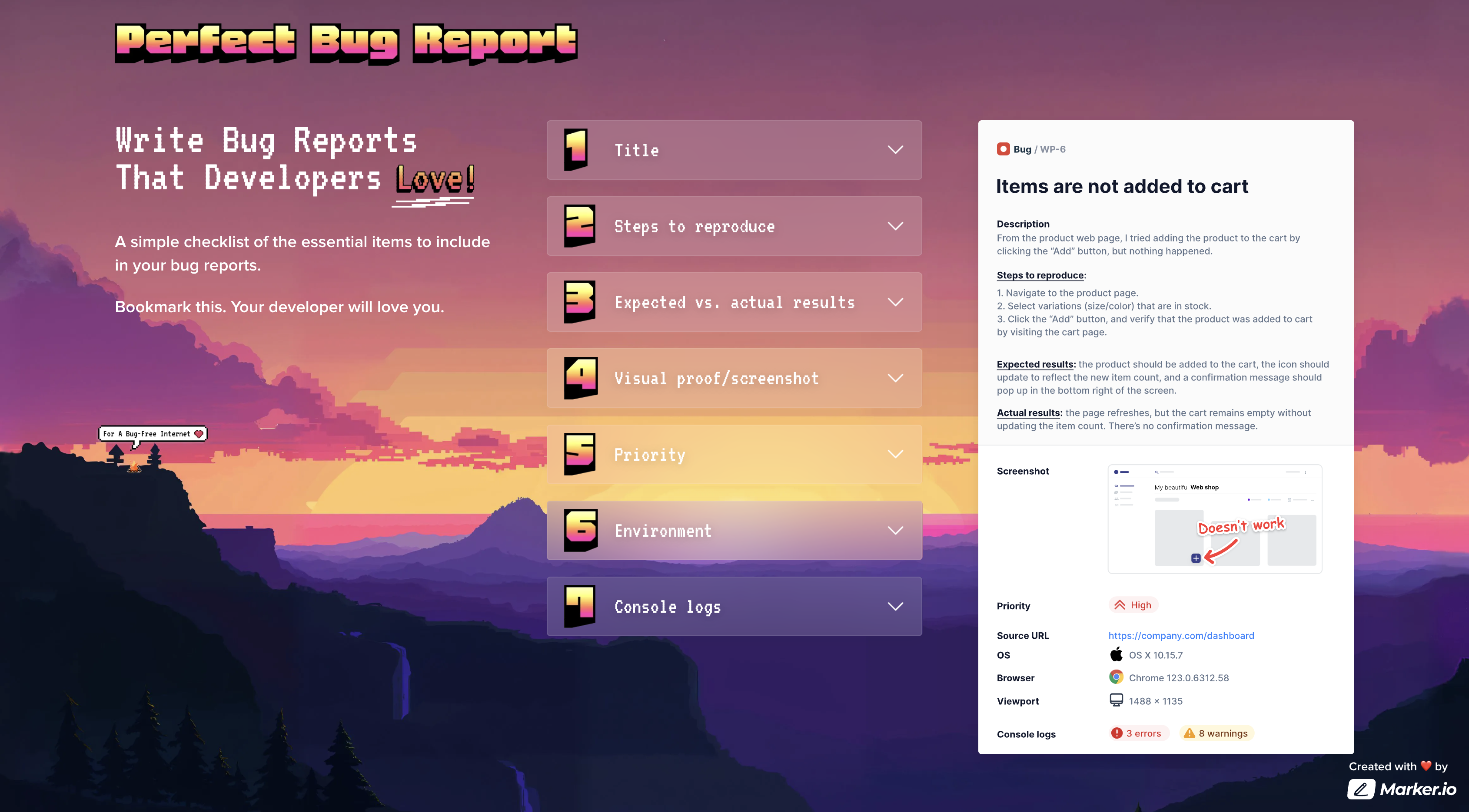 PerfectBugReport.io, a microsite/checklist that contains all of the essential items to include in a bug report.