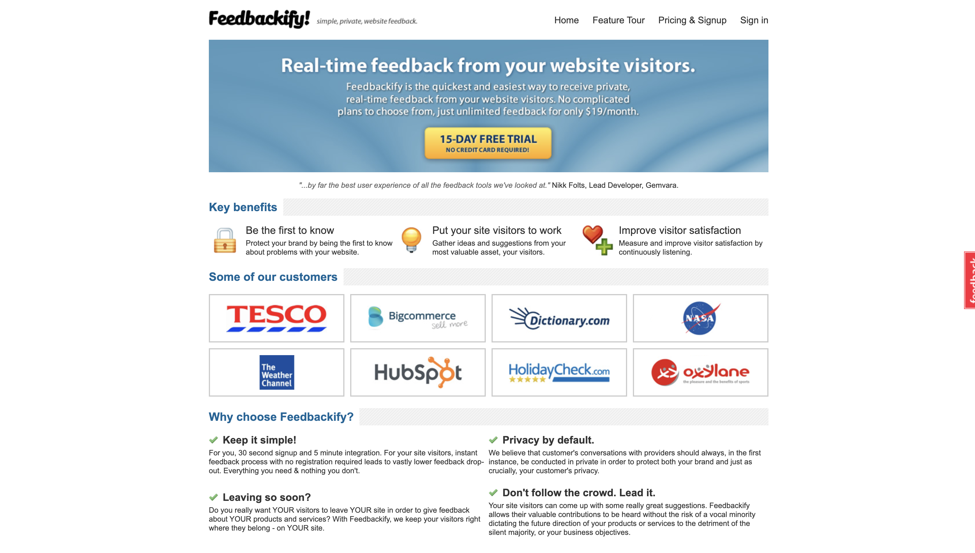 Screenshot of Feedbackify homepage.