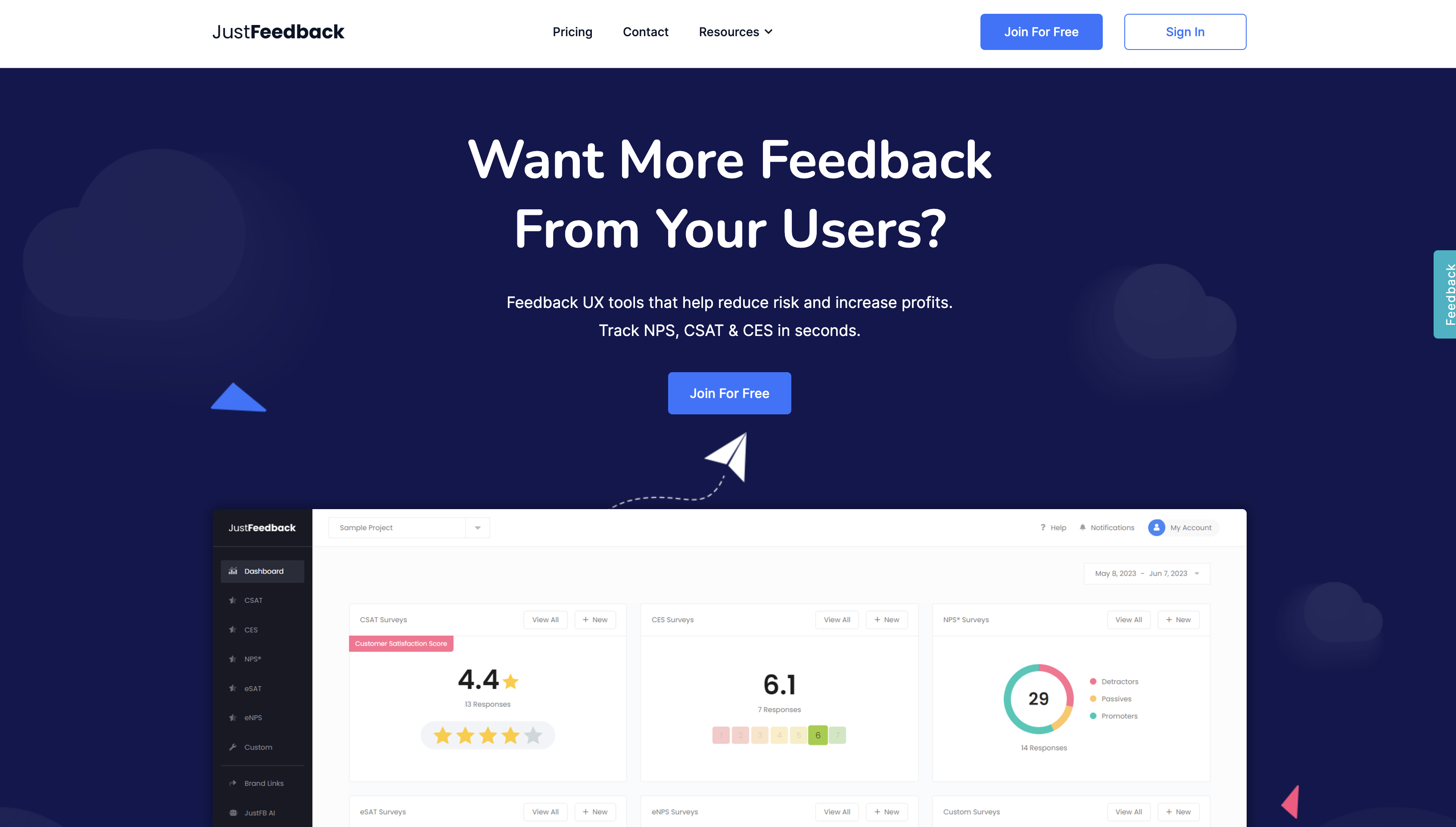 Screenshot of JustFeedback homepage.