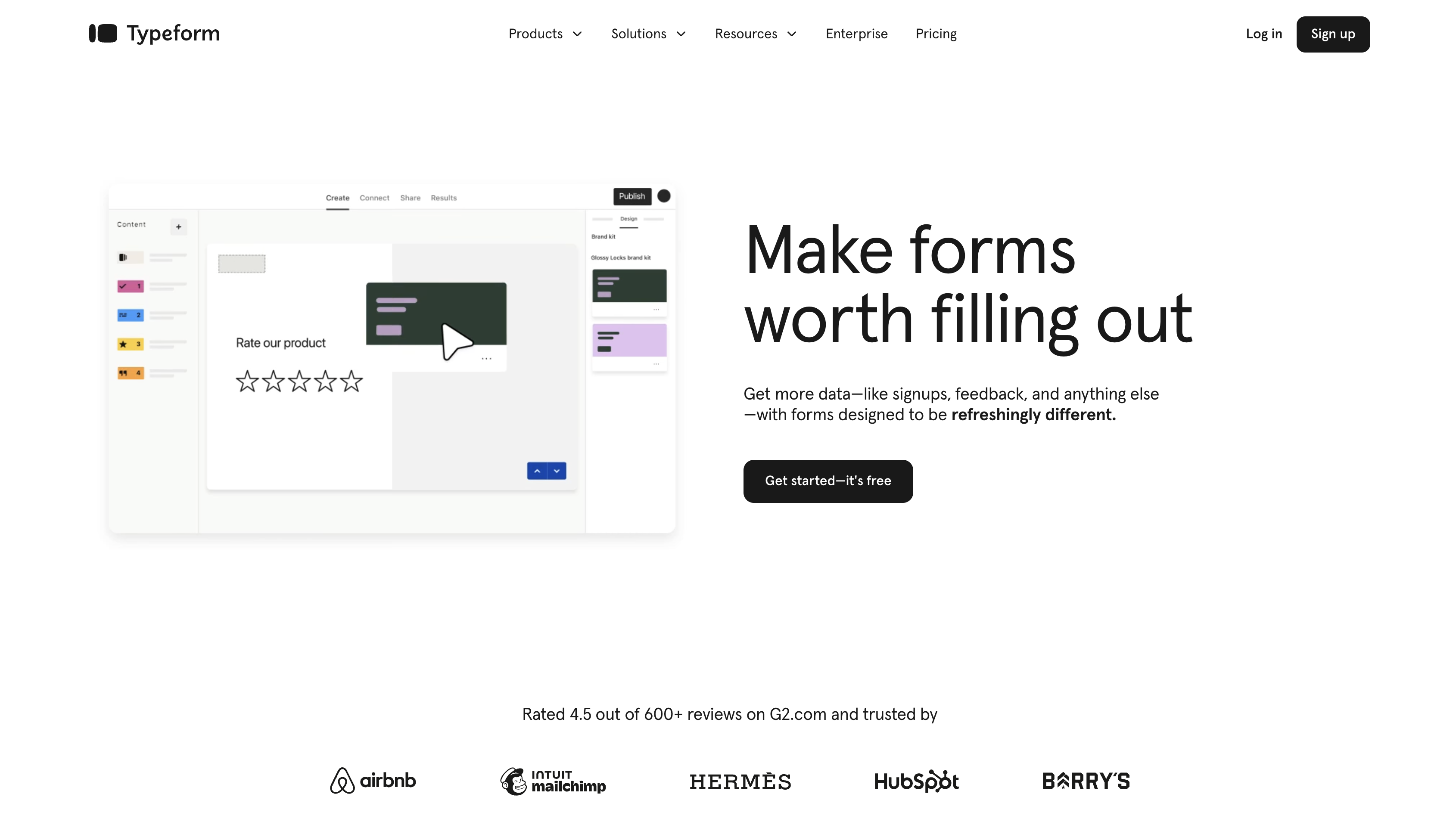 Screenshot of Typeform homepage.