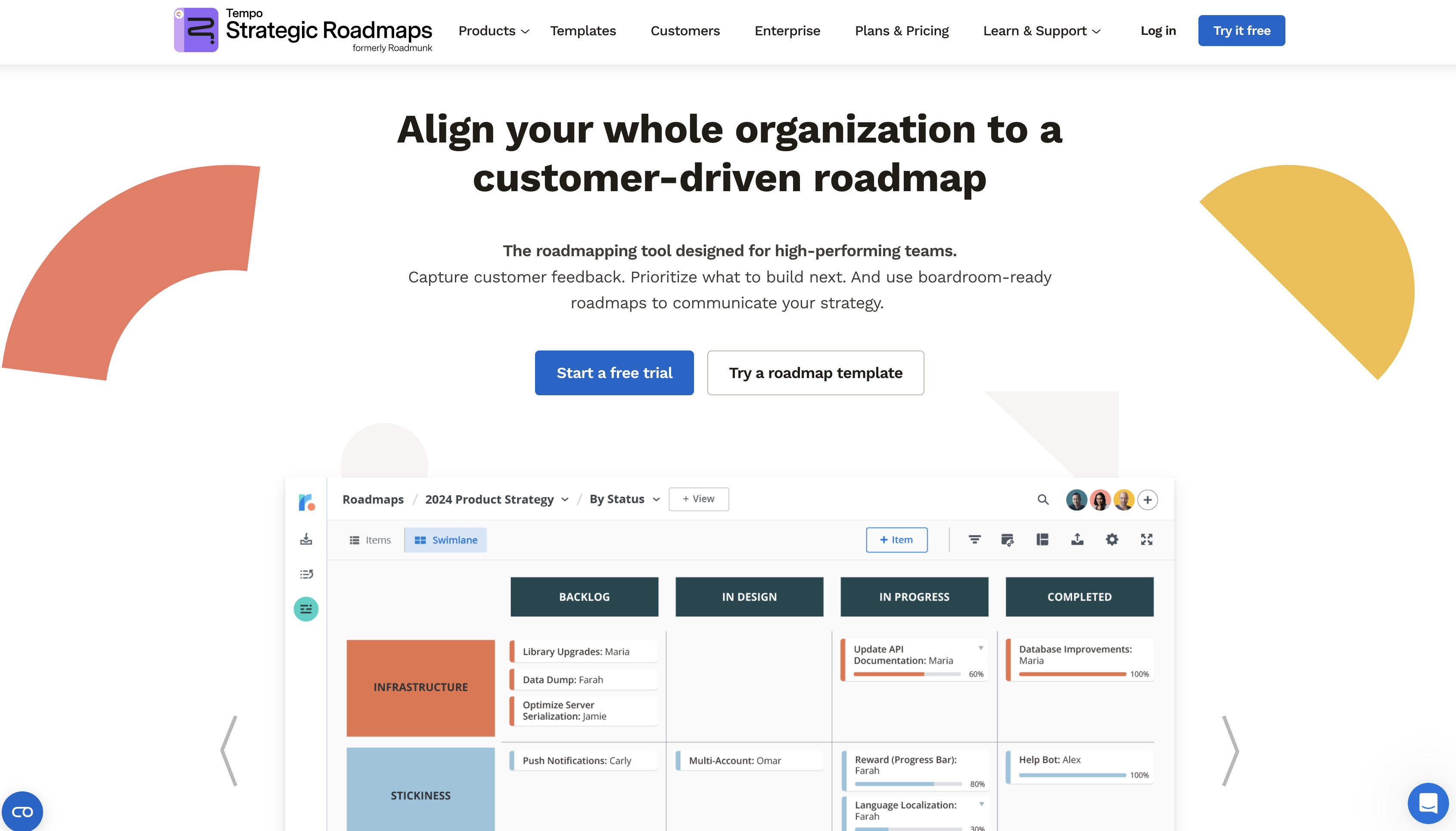Screenshot of Roadmunk homepage.
