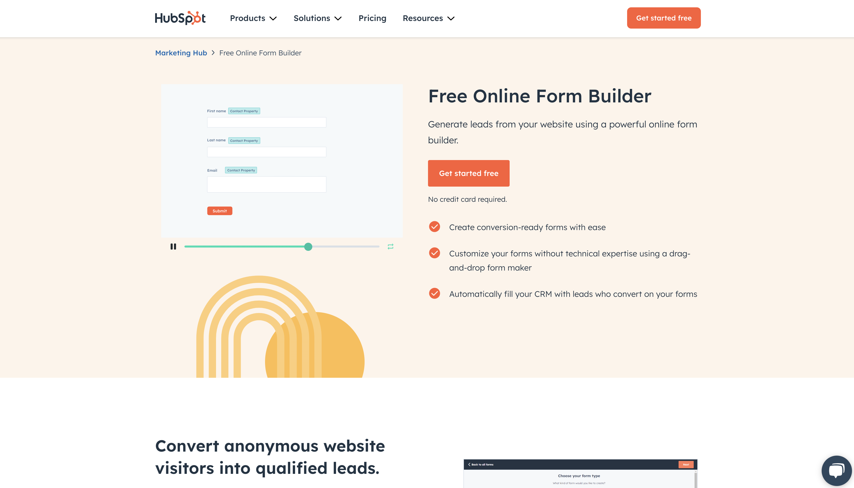 Screenshot of HubSpot Online Form Builder landing page.
