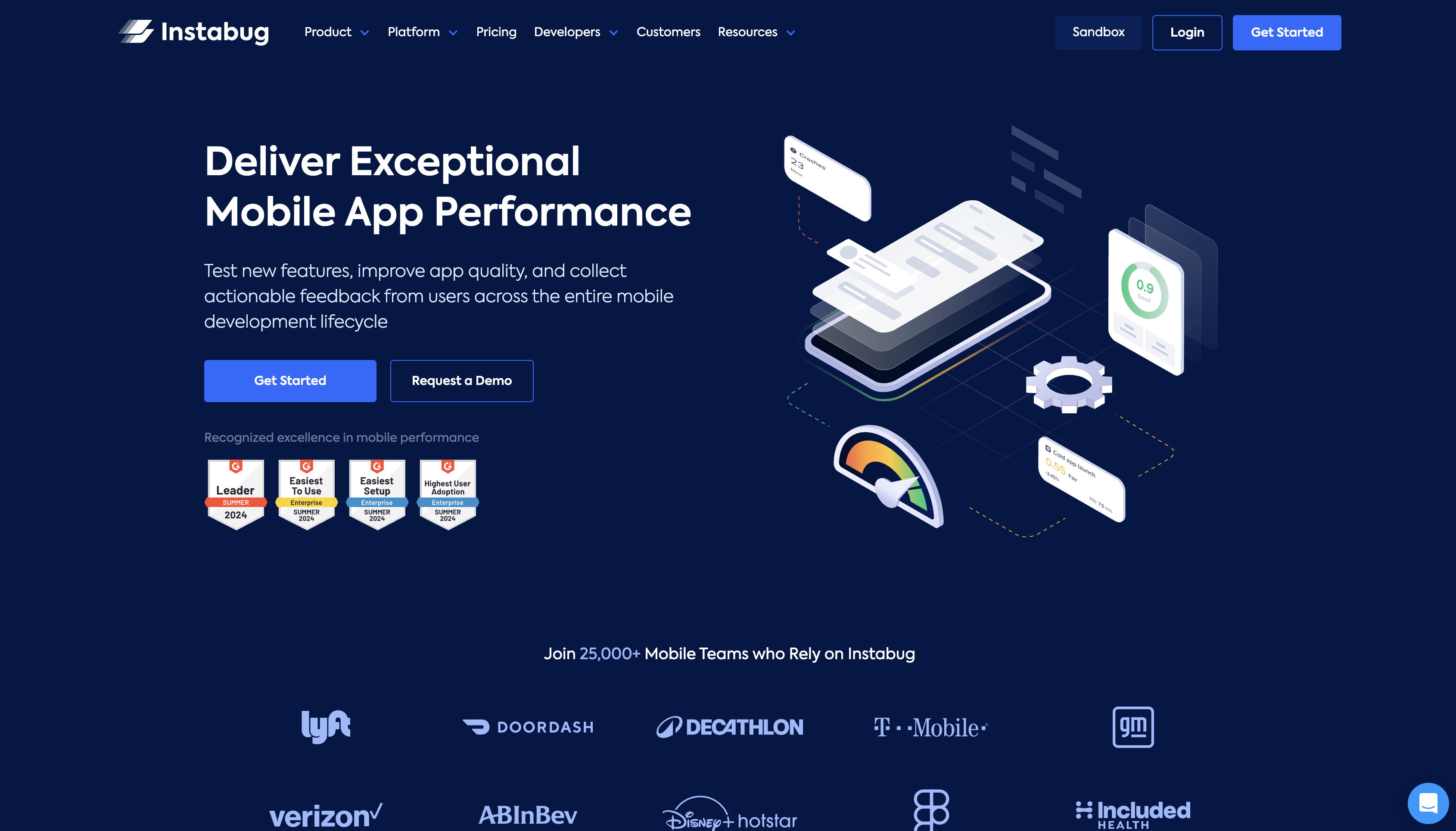 Screenshot of Instabug homepage.