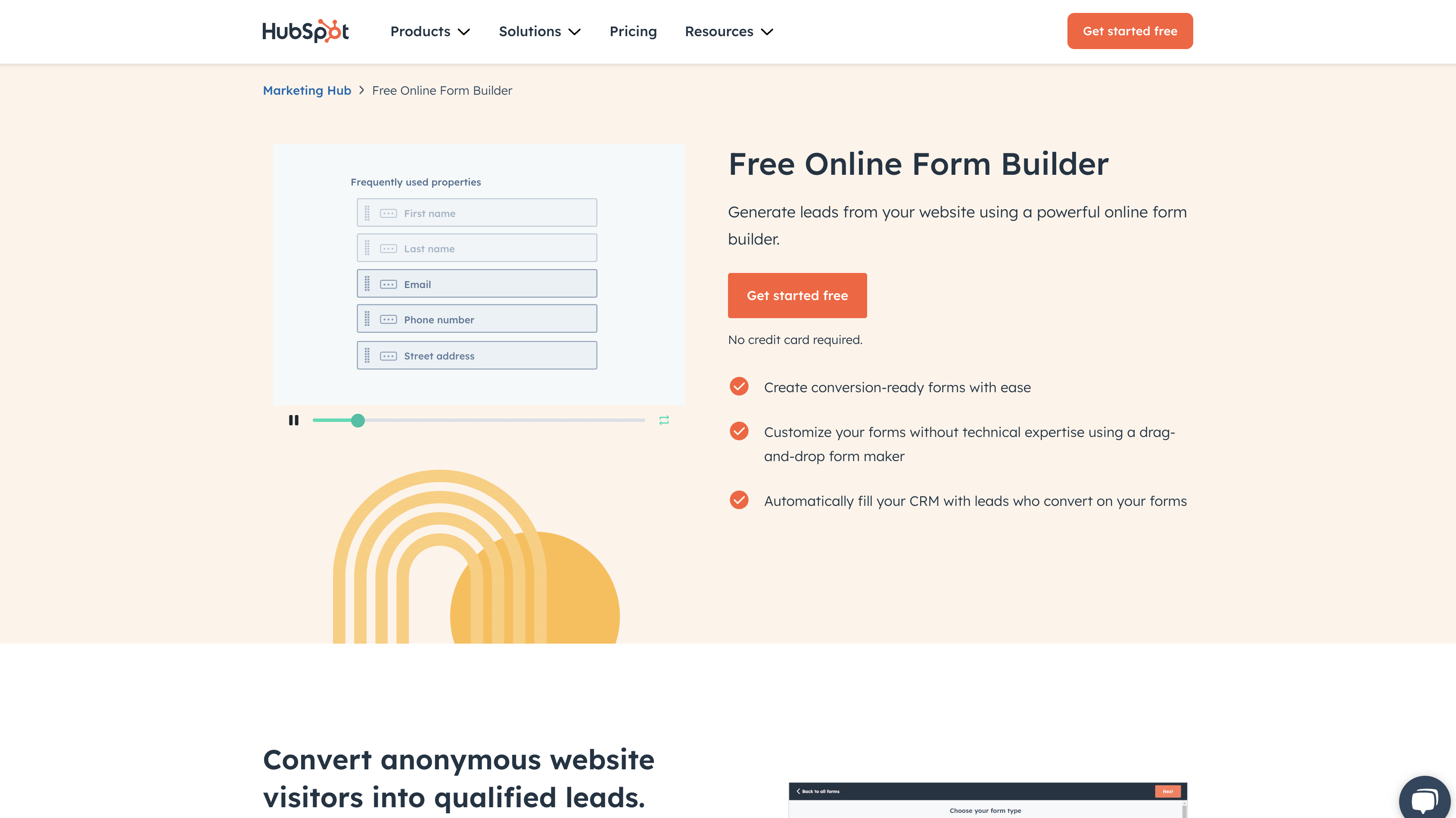 Screenshot of HubSpot Online Form Builder landing page.