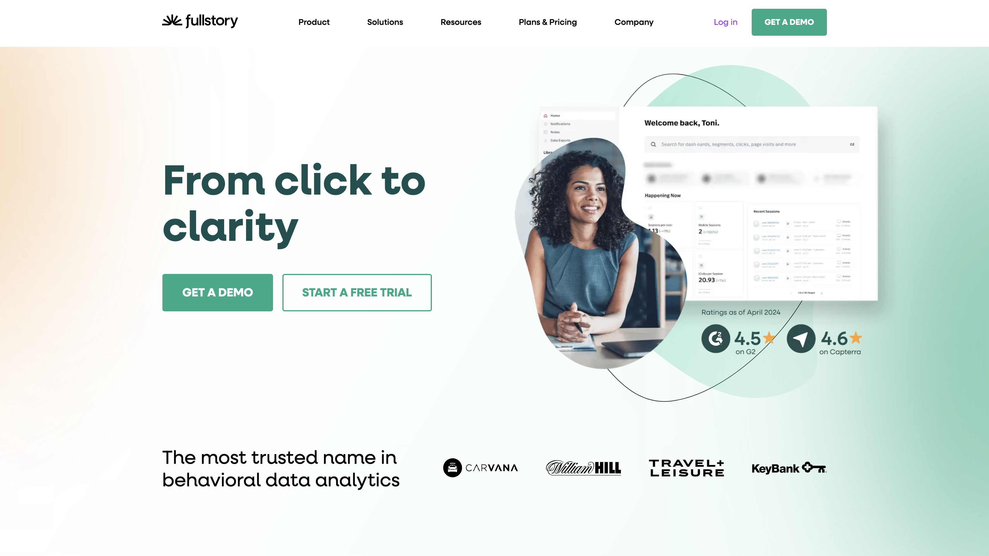 Screnshot of Fullstory homepage.