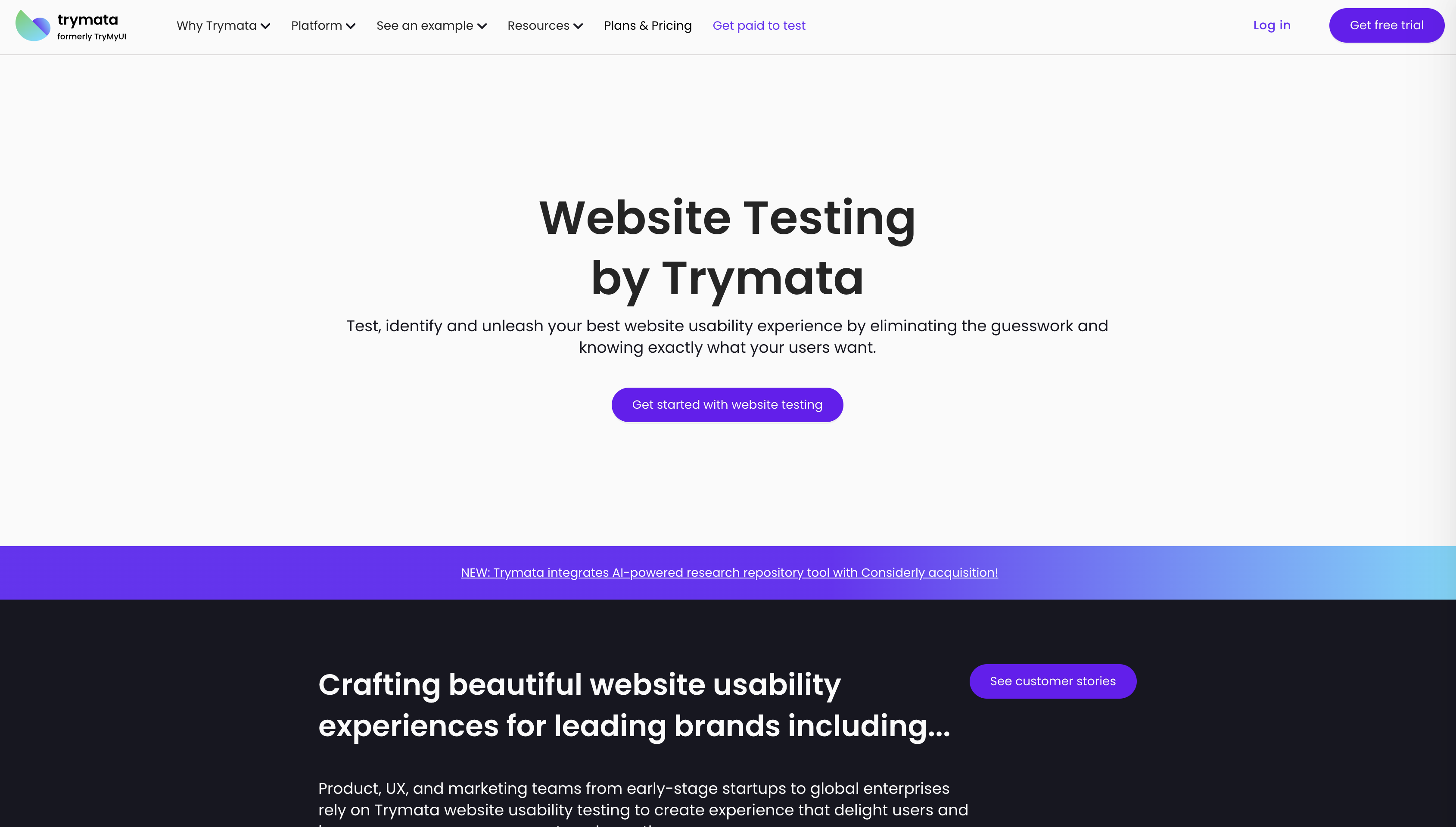 Screenshot of Trymata homepage.