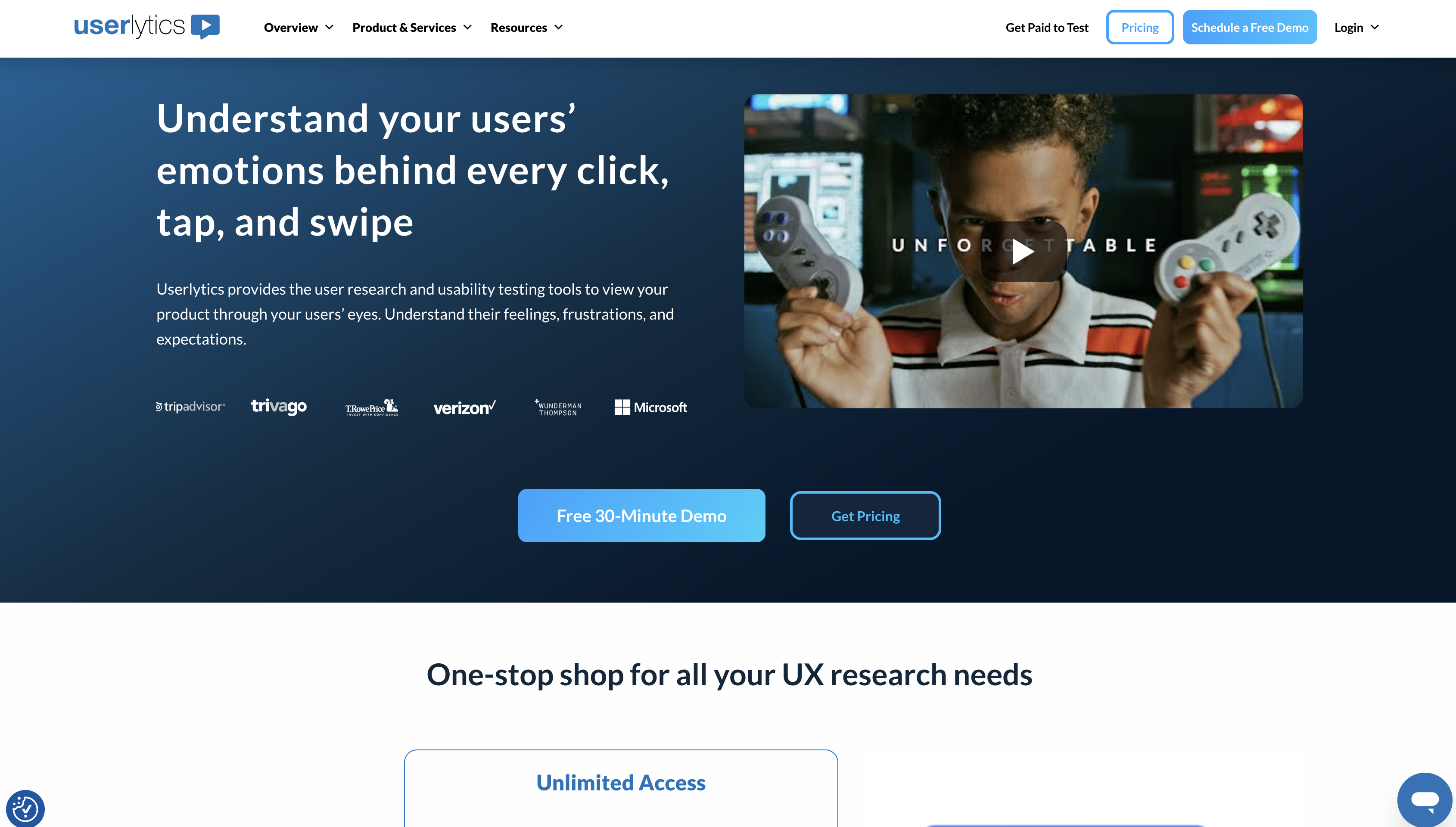 Screenshot of Userlytics homepage.
