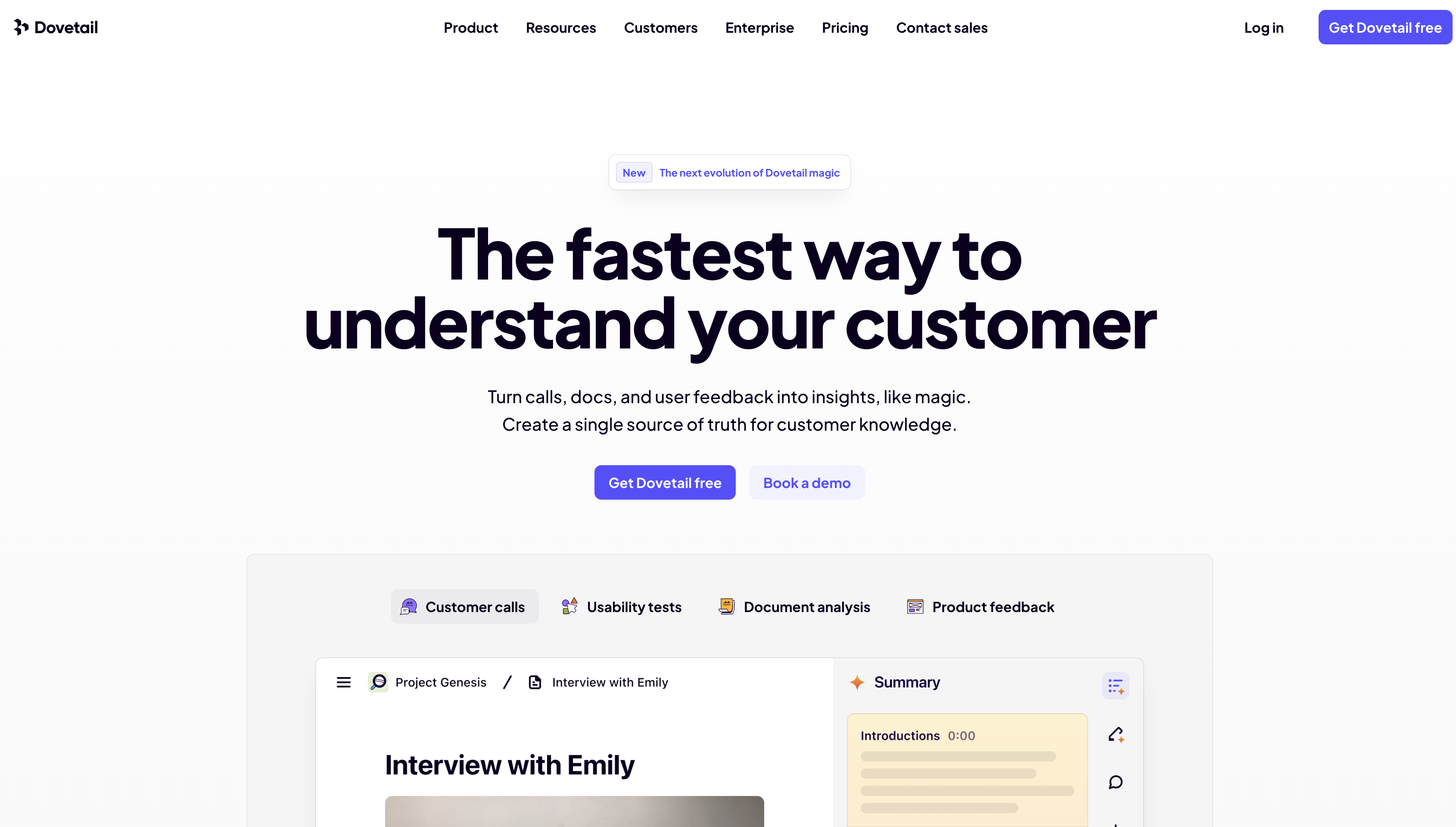 Screenshot of Dovetail homepage.