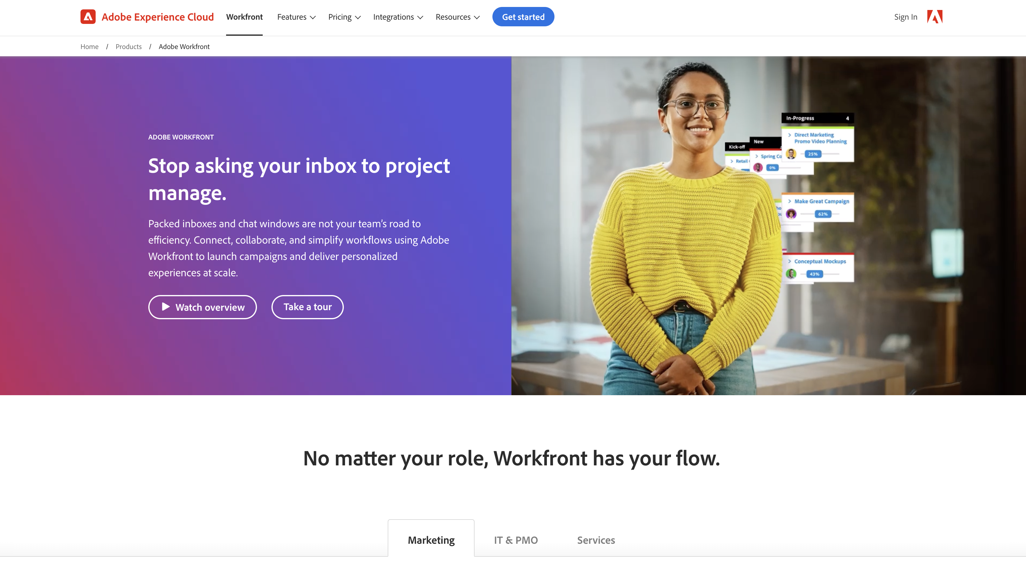 Screenshot of Adobe Workfront homepage.