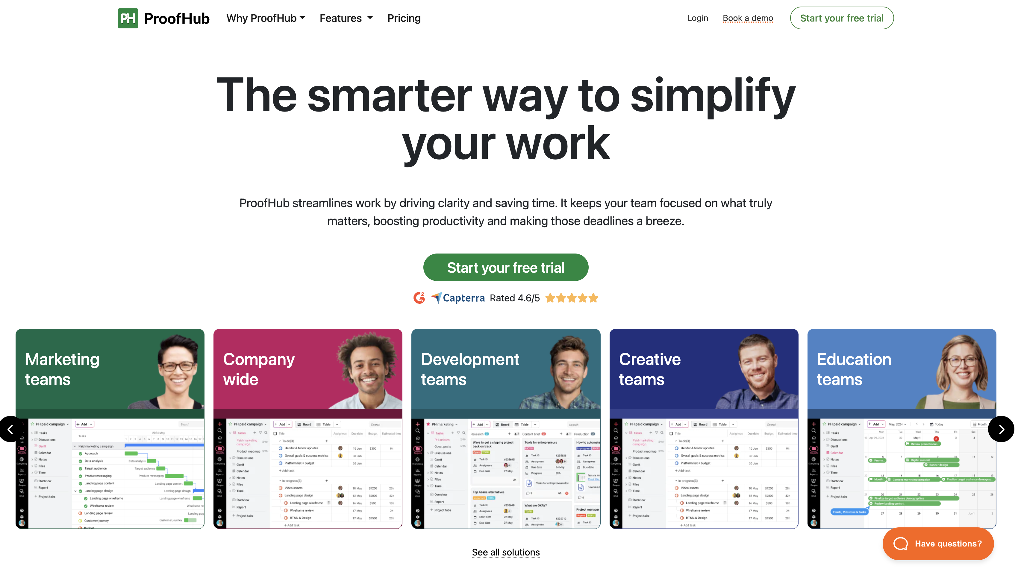 Screenshot of ProofHub homepage.