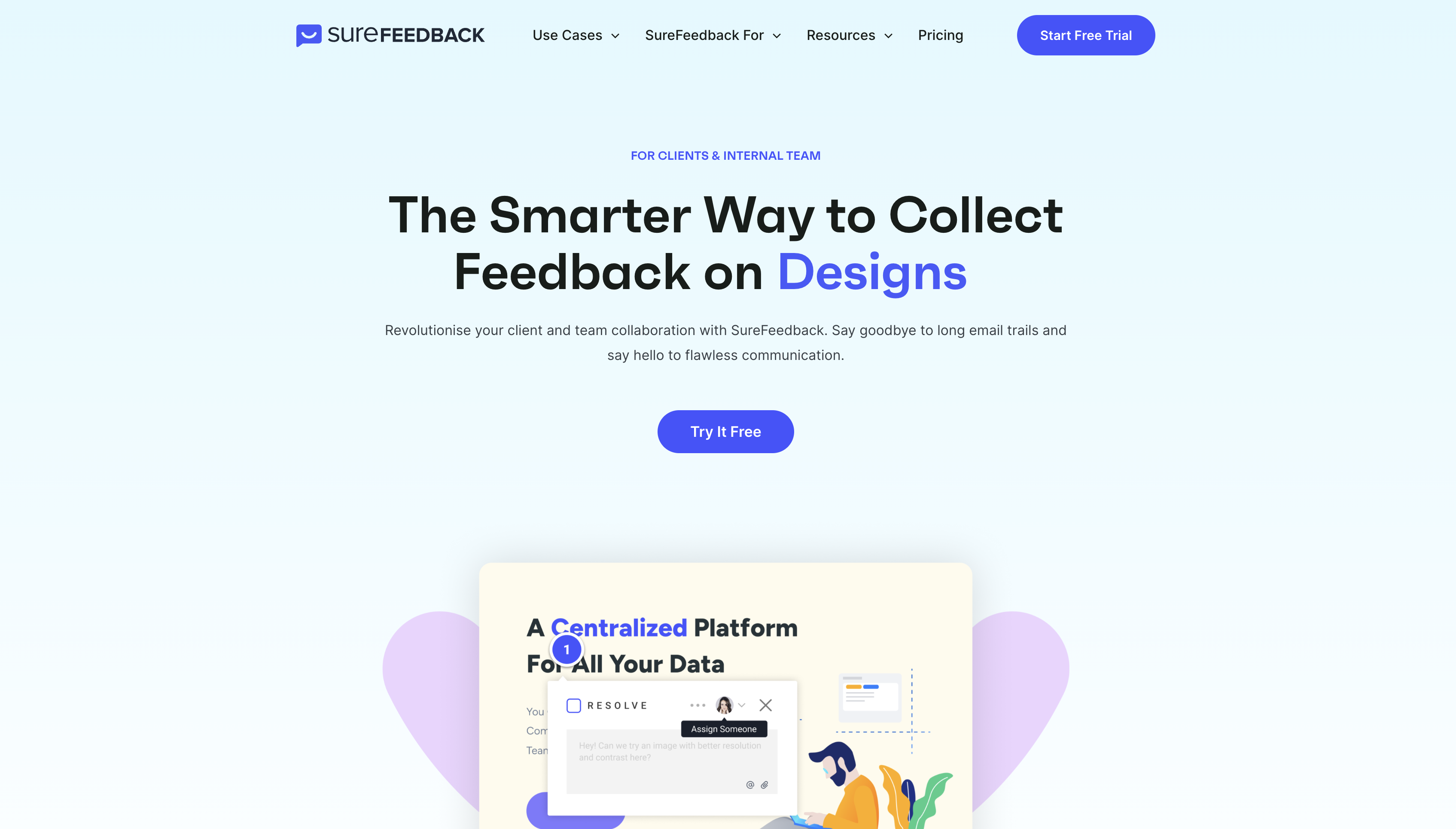 Screenshot of SureFeedback homepage.