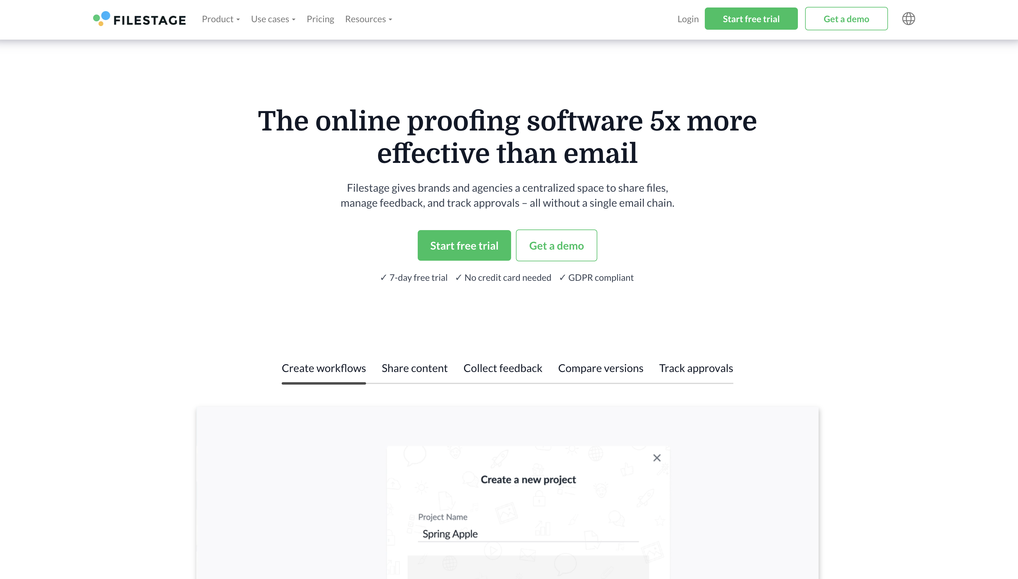 Screenshot of Filestage homepage.