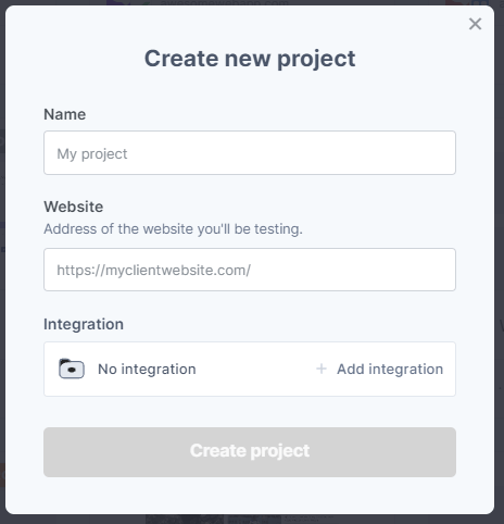 Pop-up for creation of a new project in Marker.io.