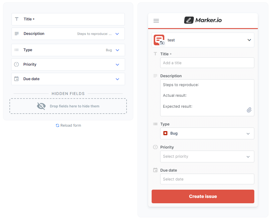 Image of the different fields you can add to Marker.io.