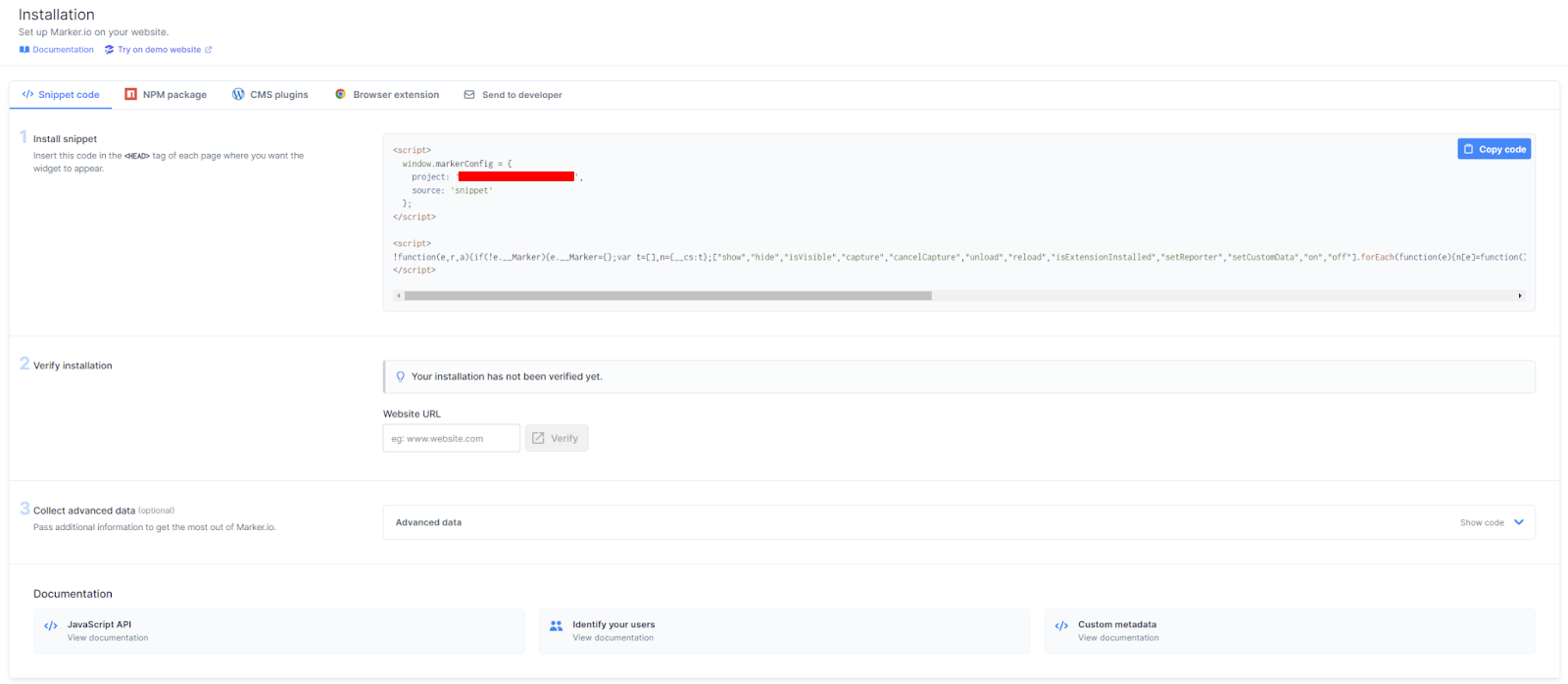 Example installation method for the Marker.io widget.