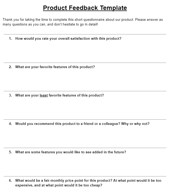 An example product feedback template with a list of questions.