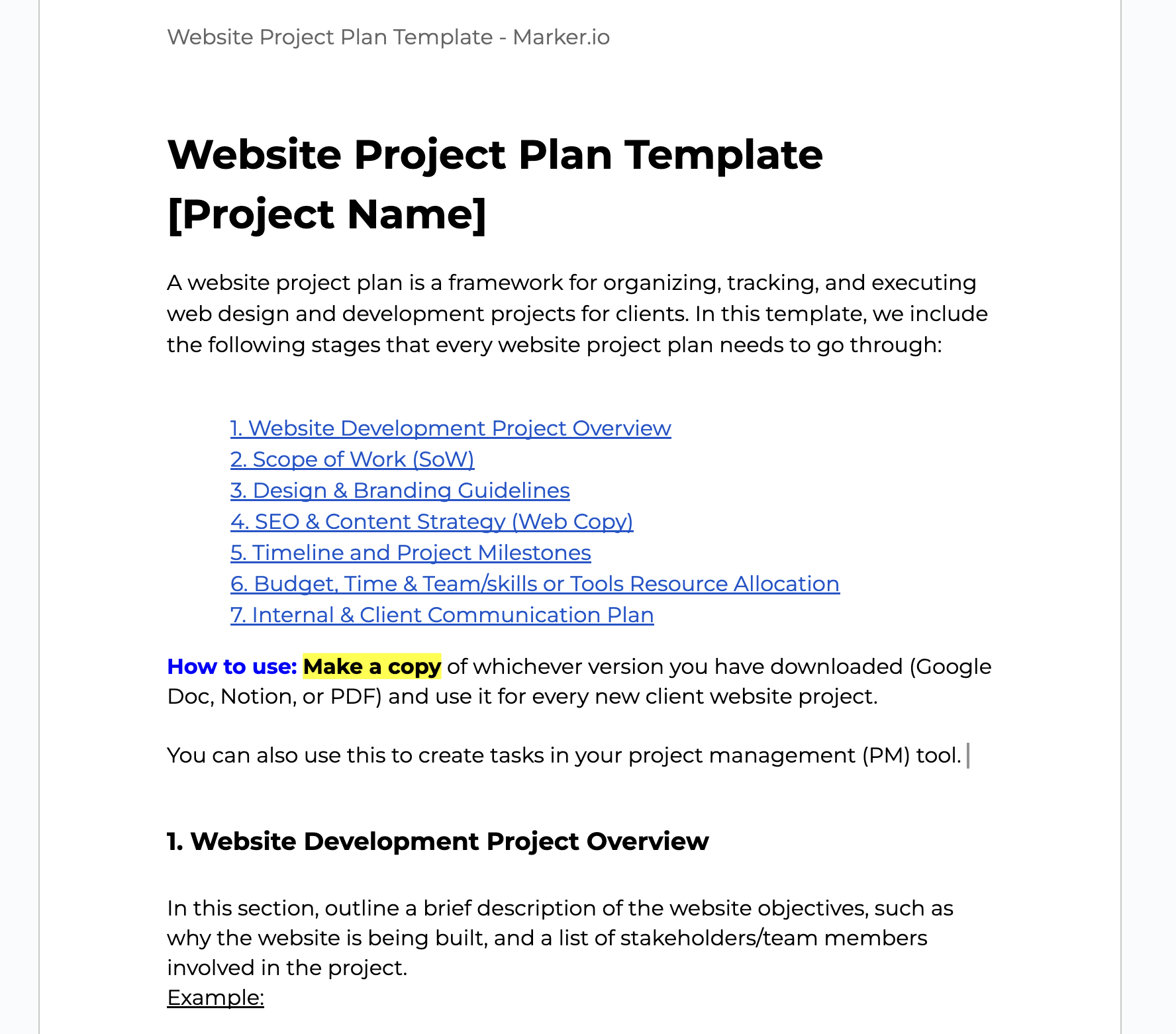 A snapshot of a website project plan template in a Google Docs.