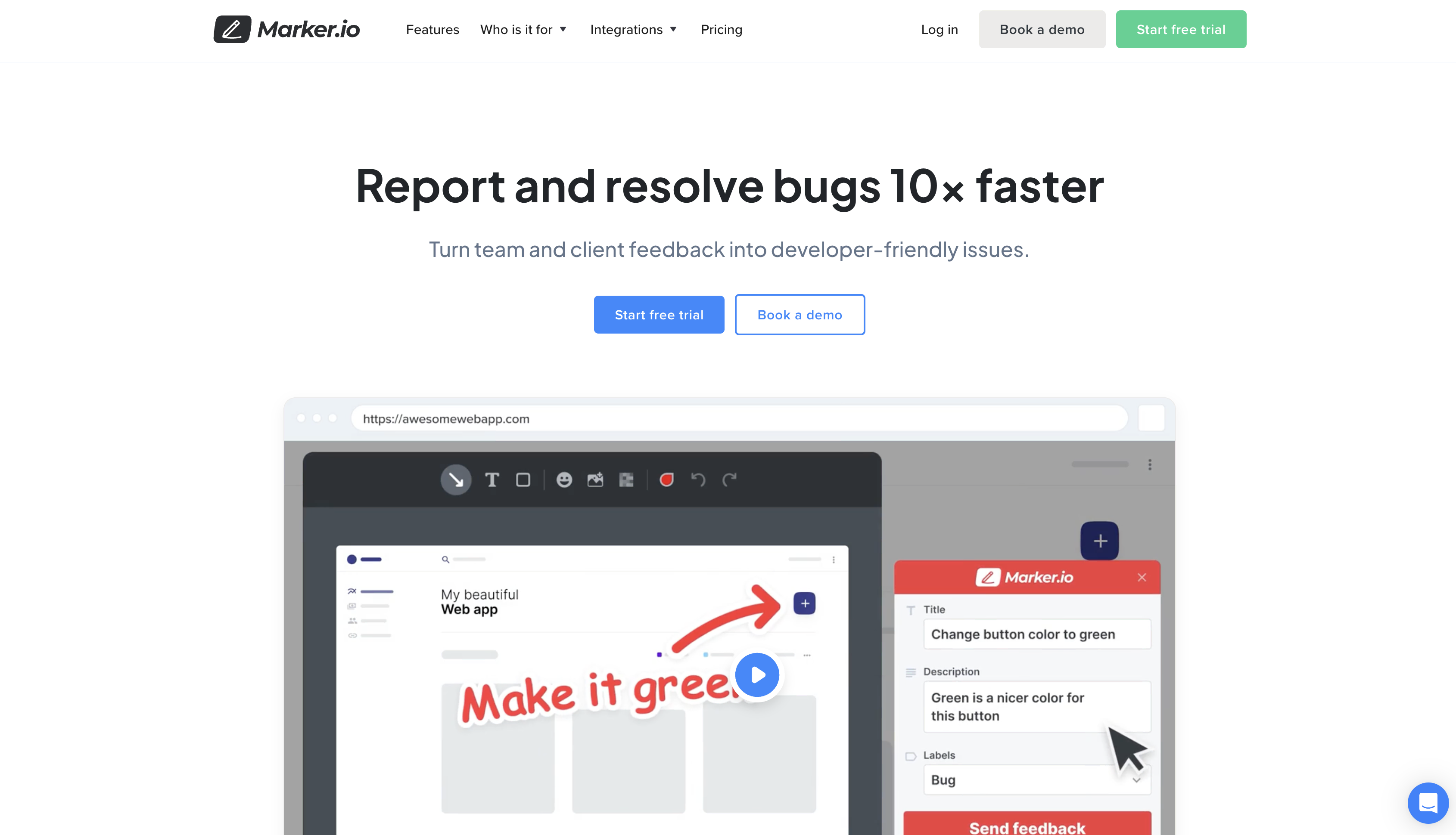 Screenshot of Marker.io homepage