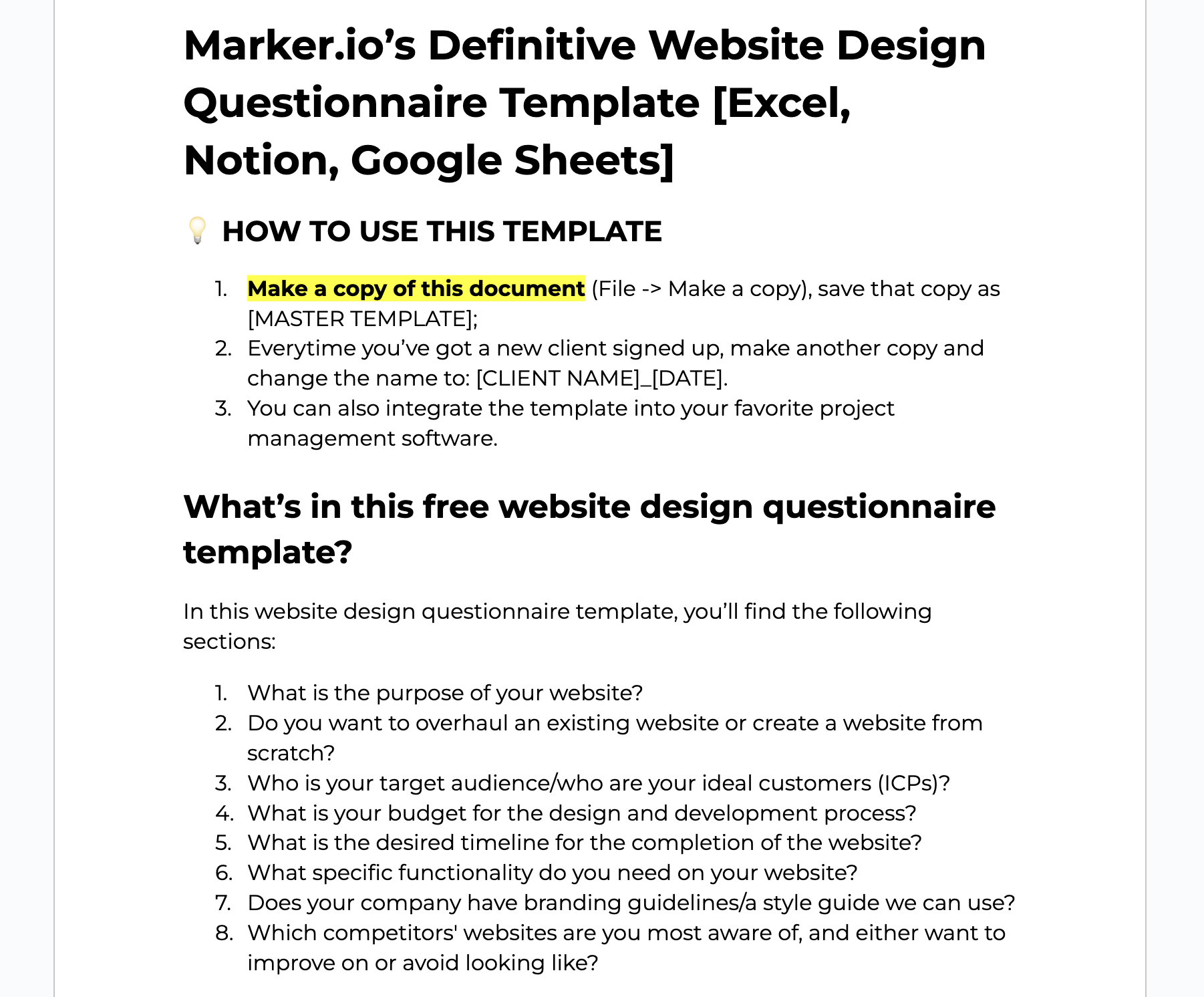 A sample of Marker.io's website design questionnaire.
