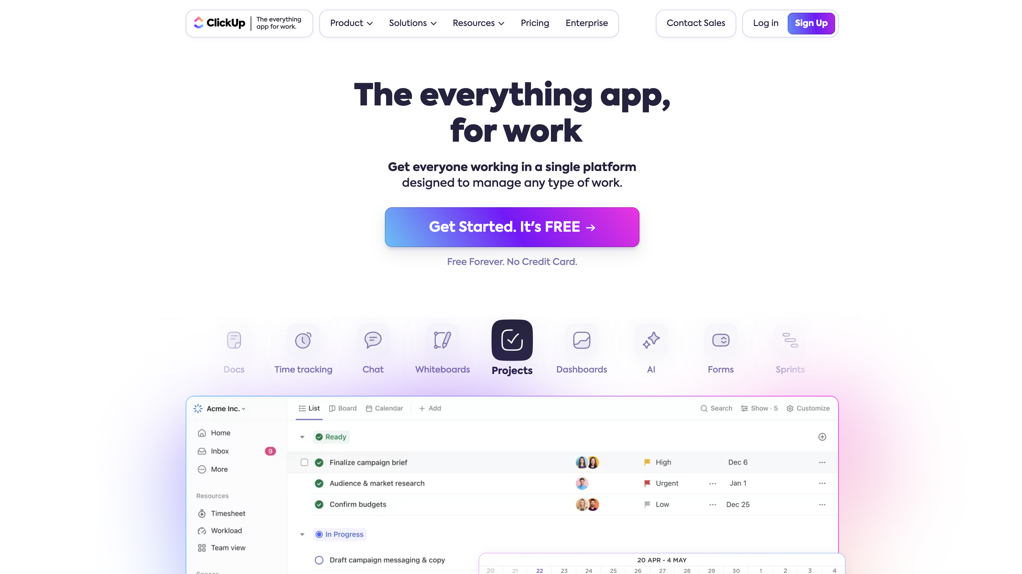 Screenshot of ClickUp homepage.