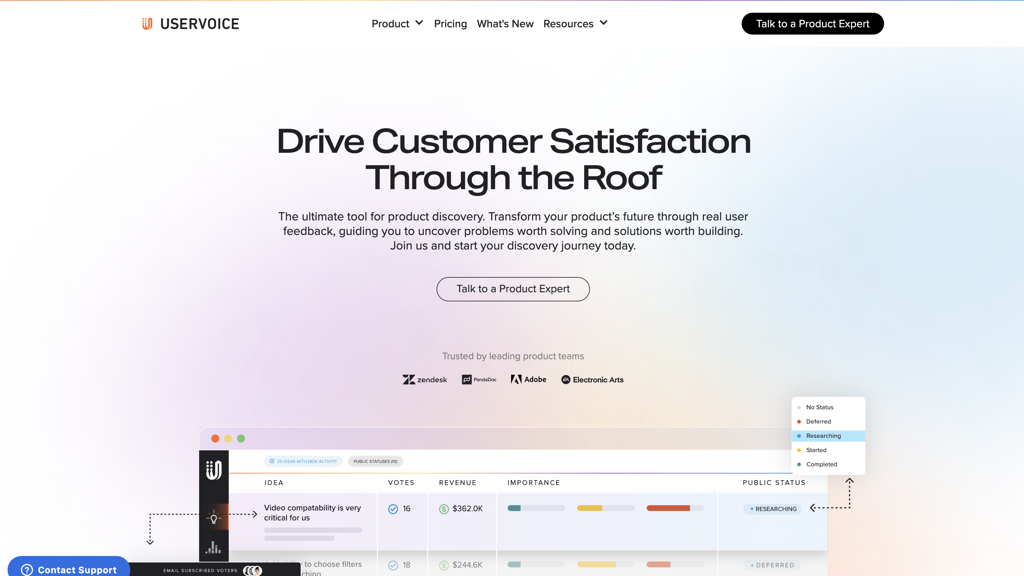 Screenshot of UserVoice homepage.
