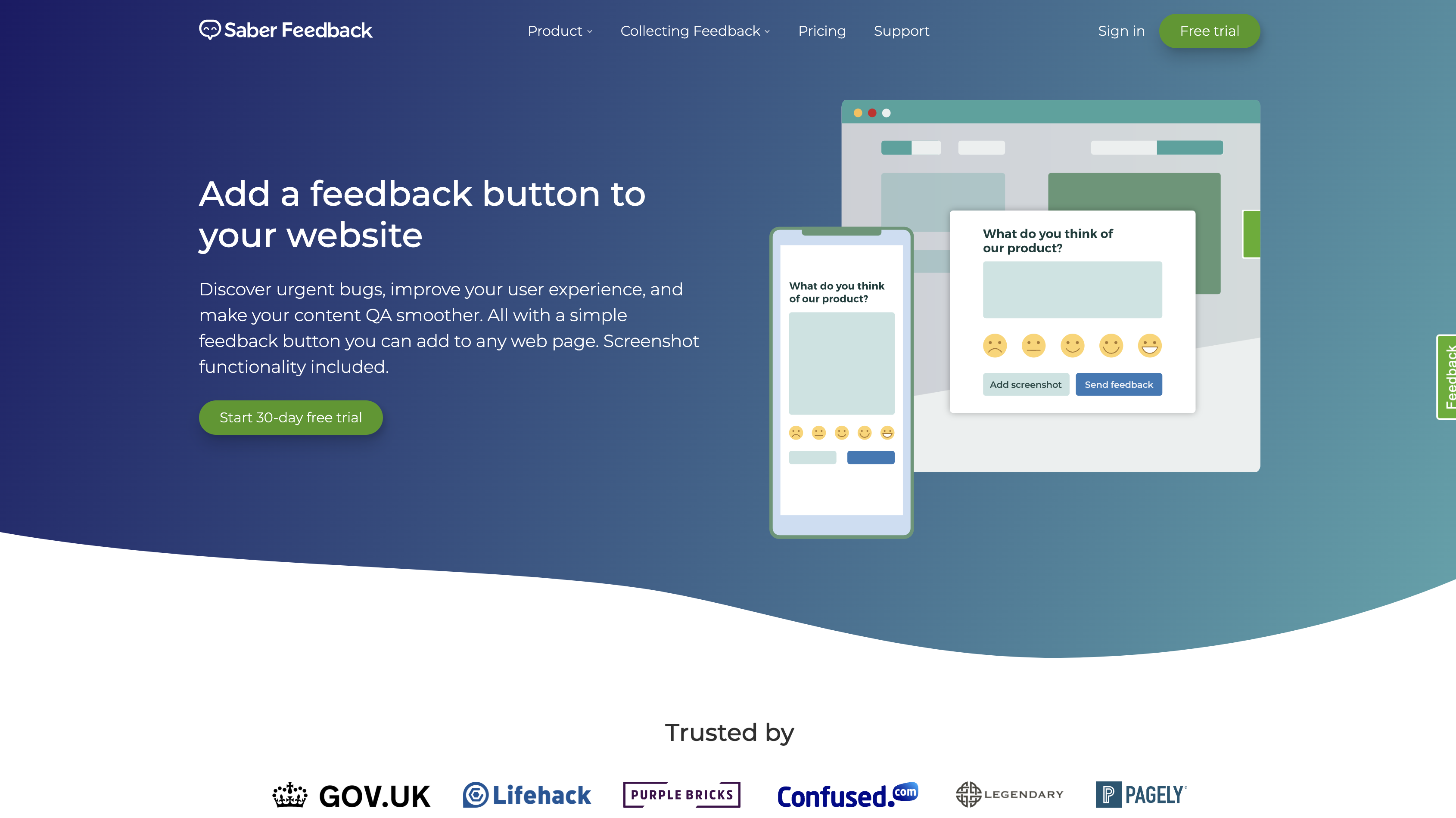 Screenshot of Saber Feedback homepage.