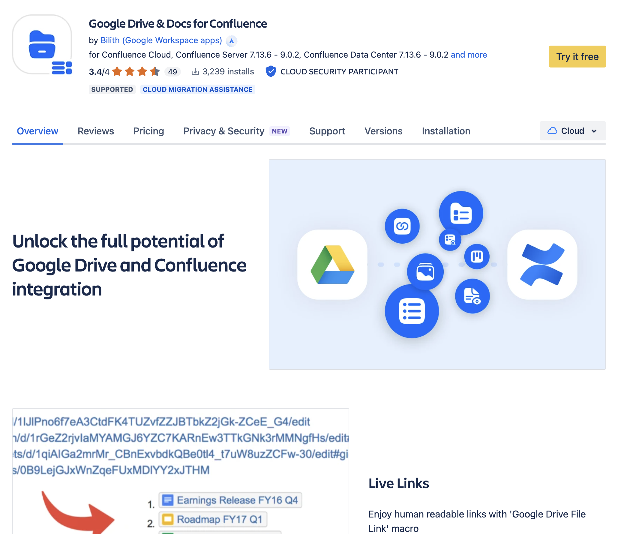 Screenshot of Drive for Confluence listing.