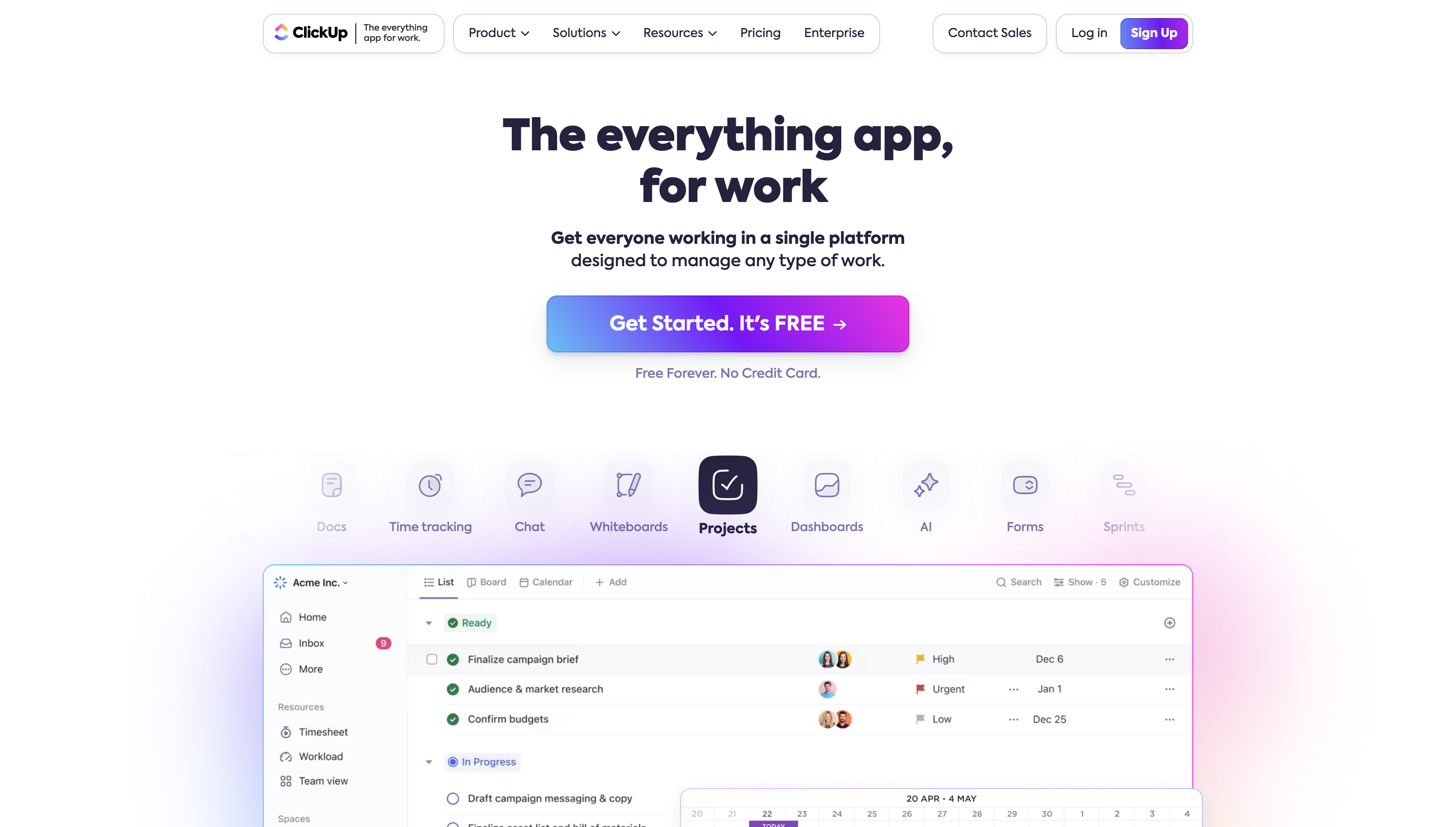Screenshot of ClickUp homepage.