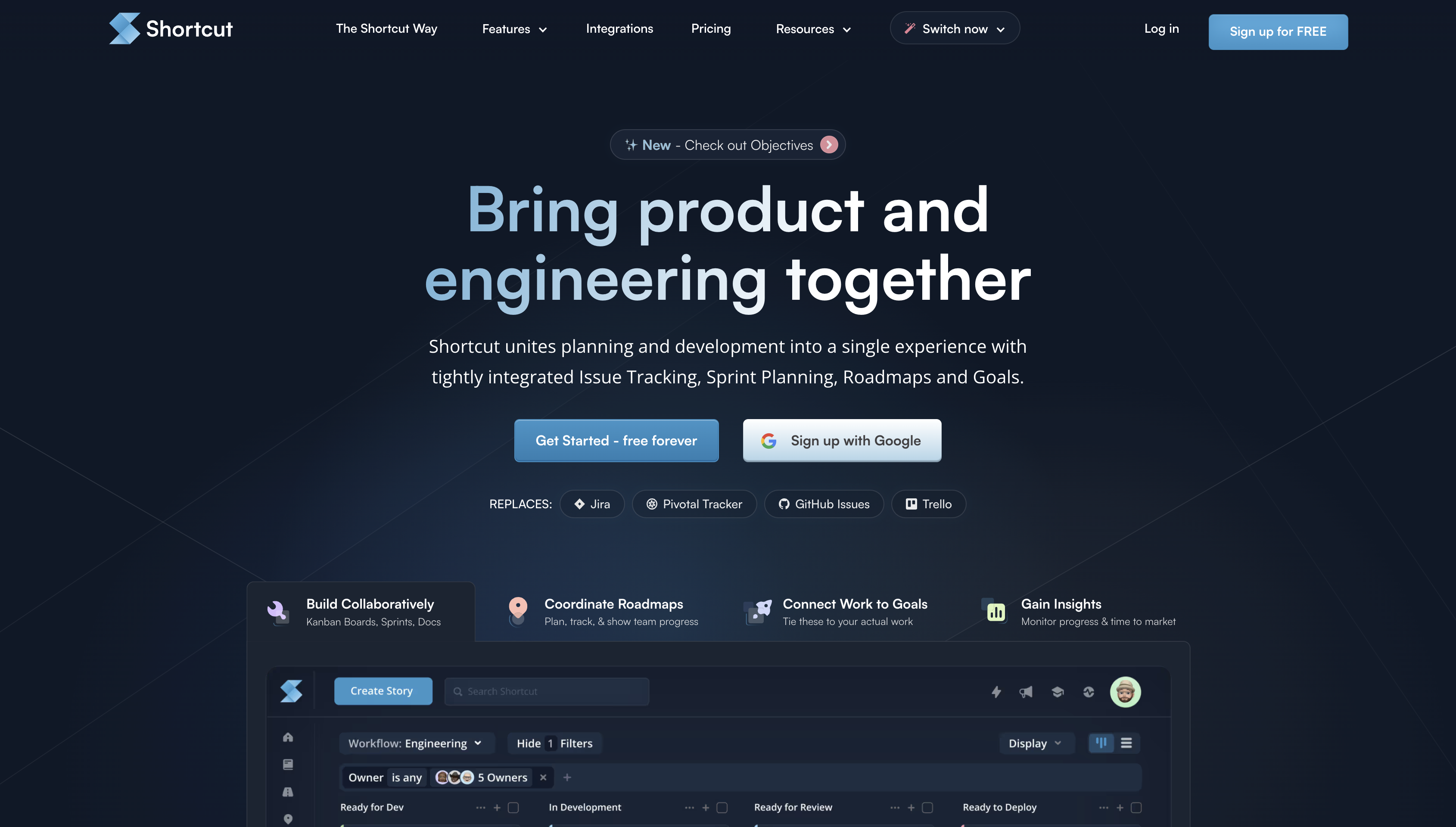 Screenshot of Shortcut homepage.