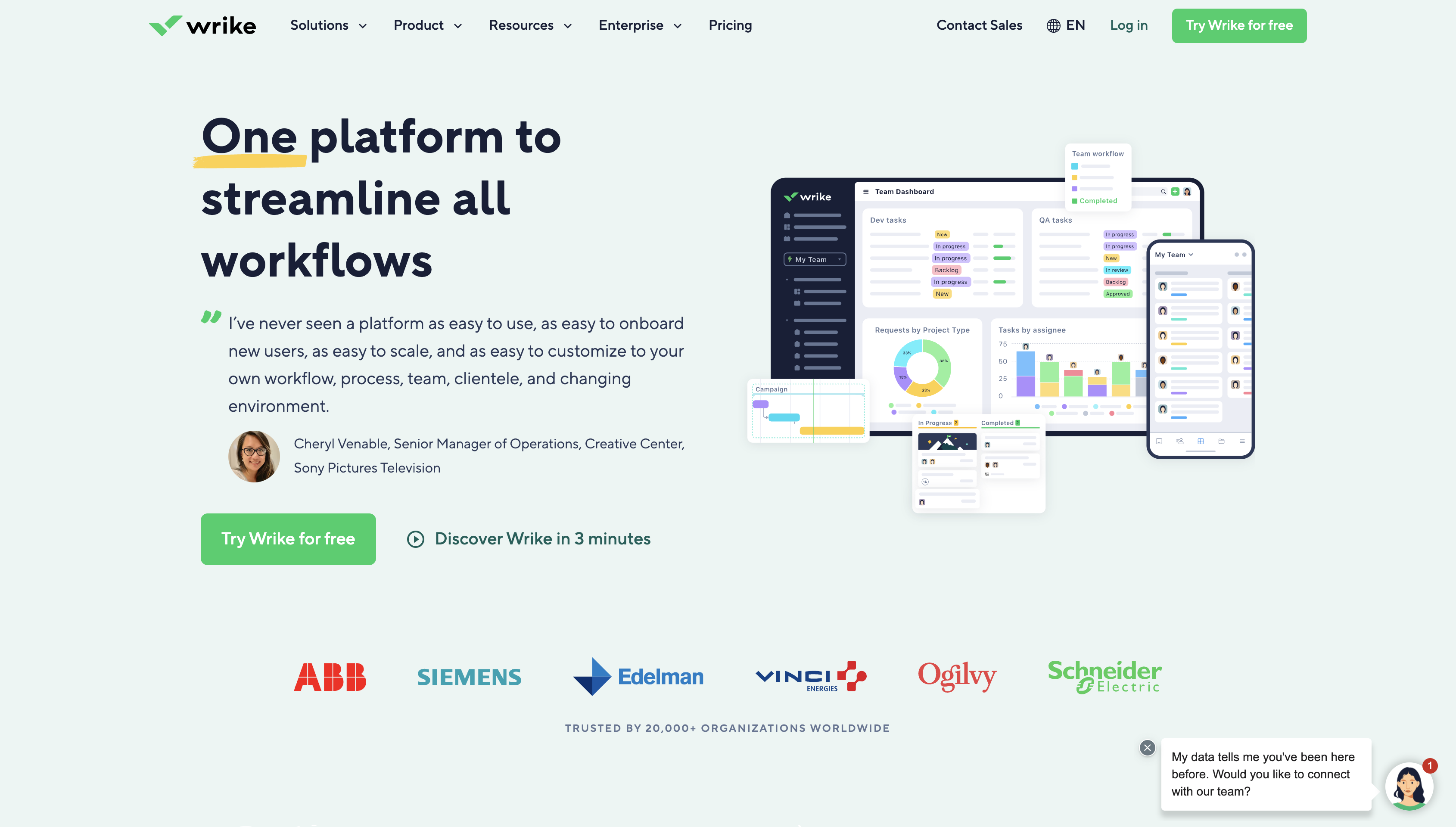 Screenshot of Wrike homepage.