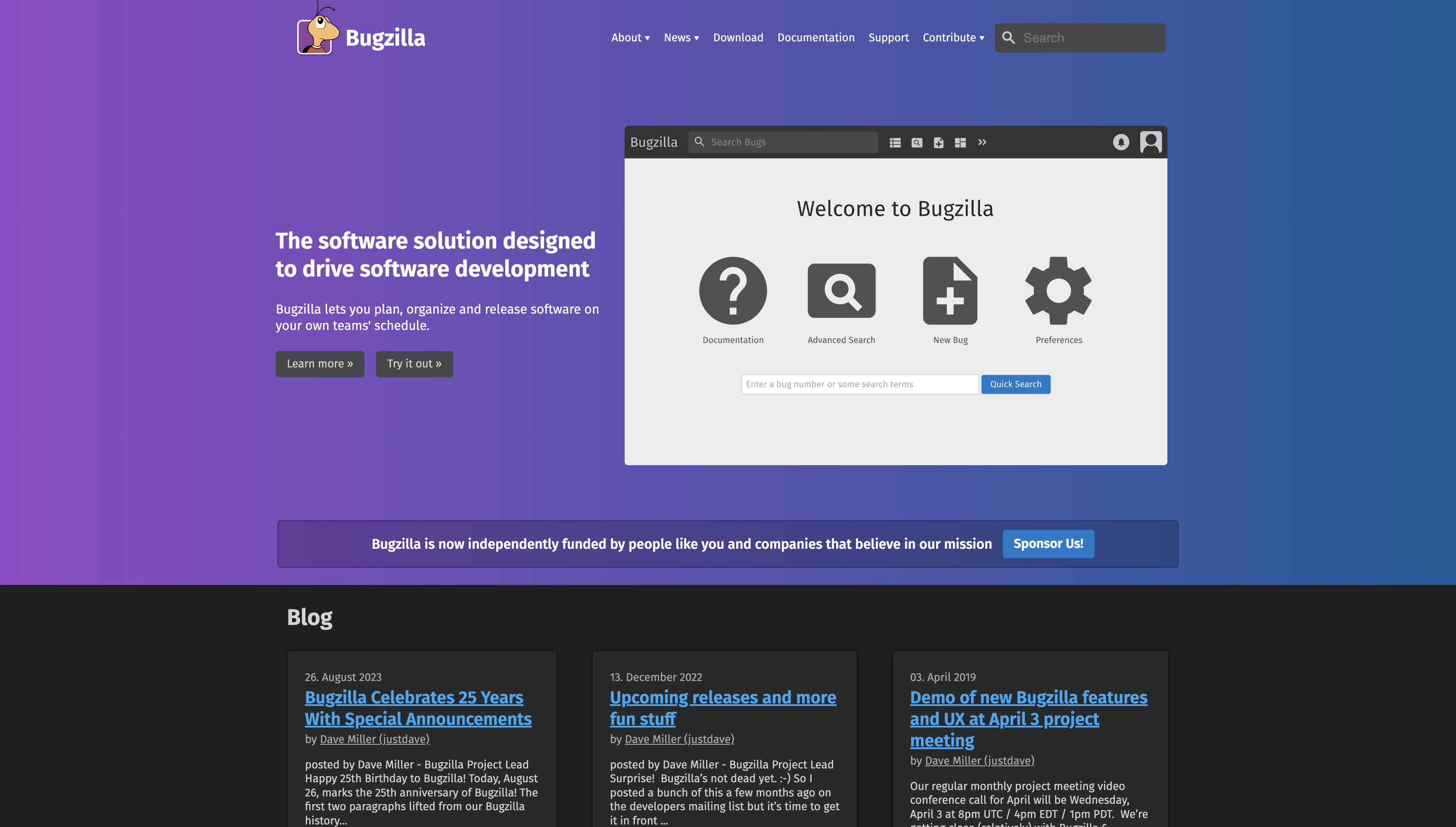 Screenshot of Bugzilla homepage.