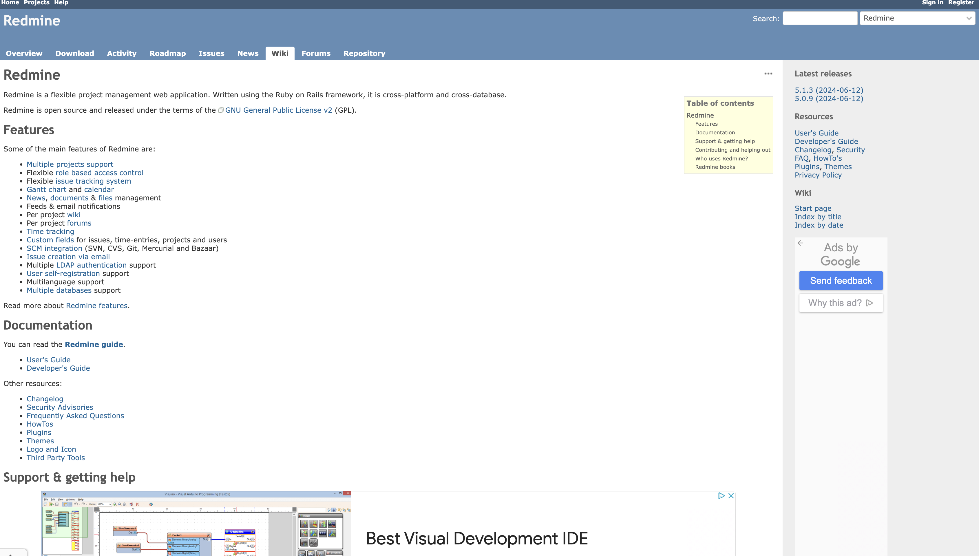 Screenshot of Redmine homepage.