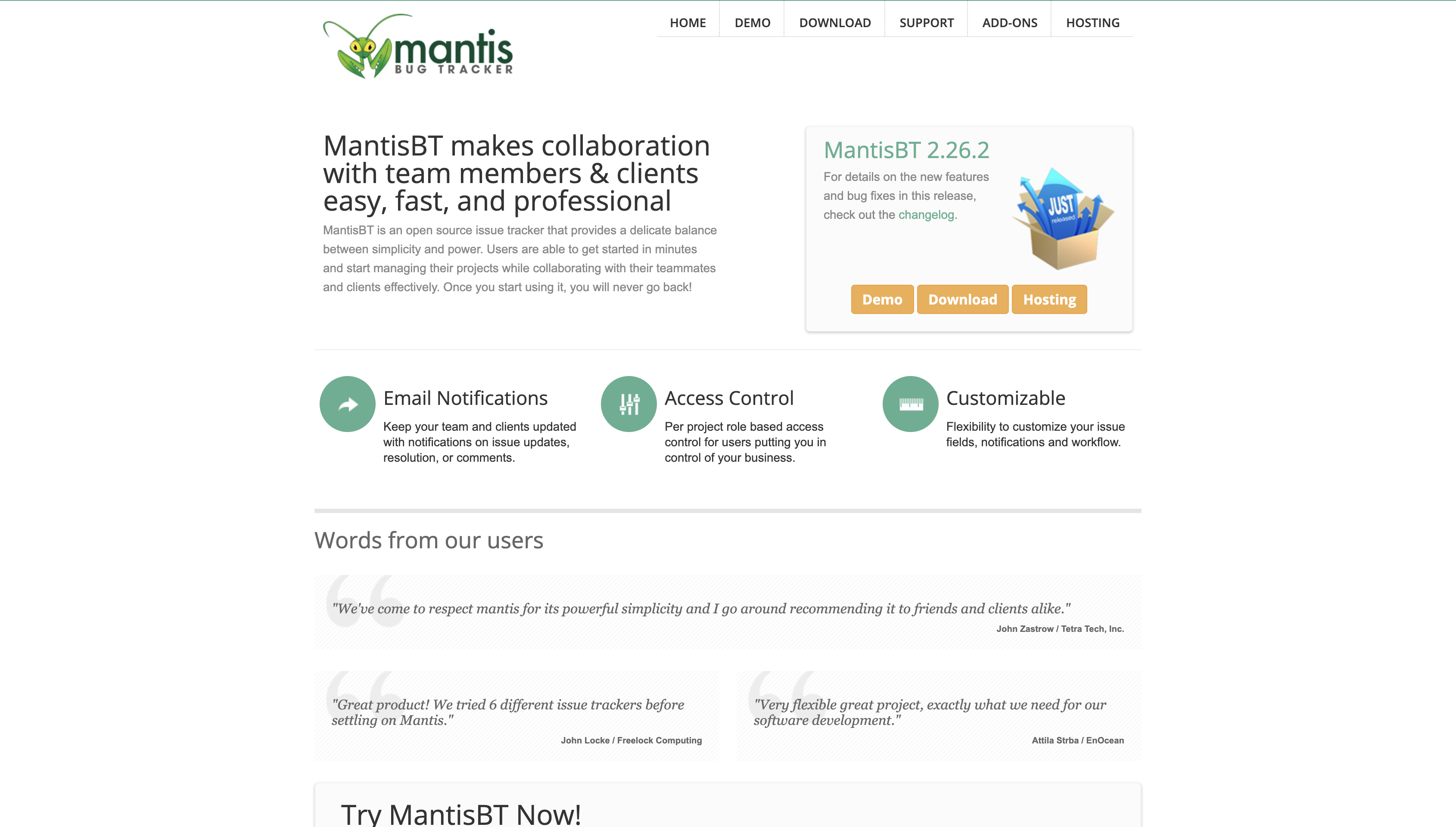 Screenshot of MantisBT homepage.