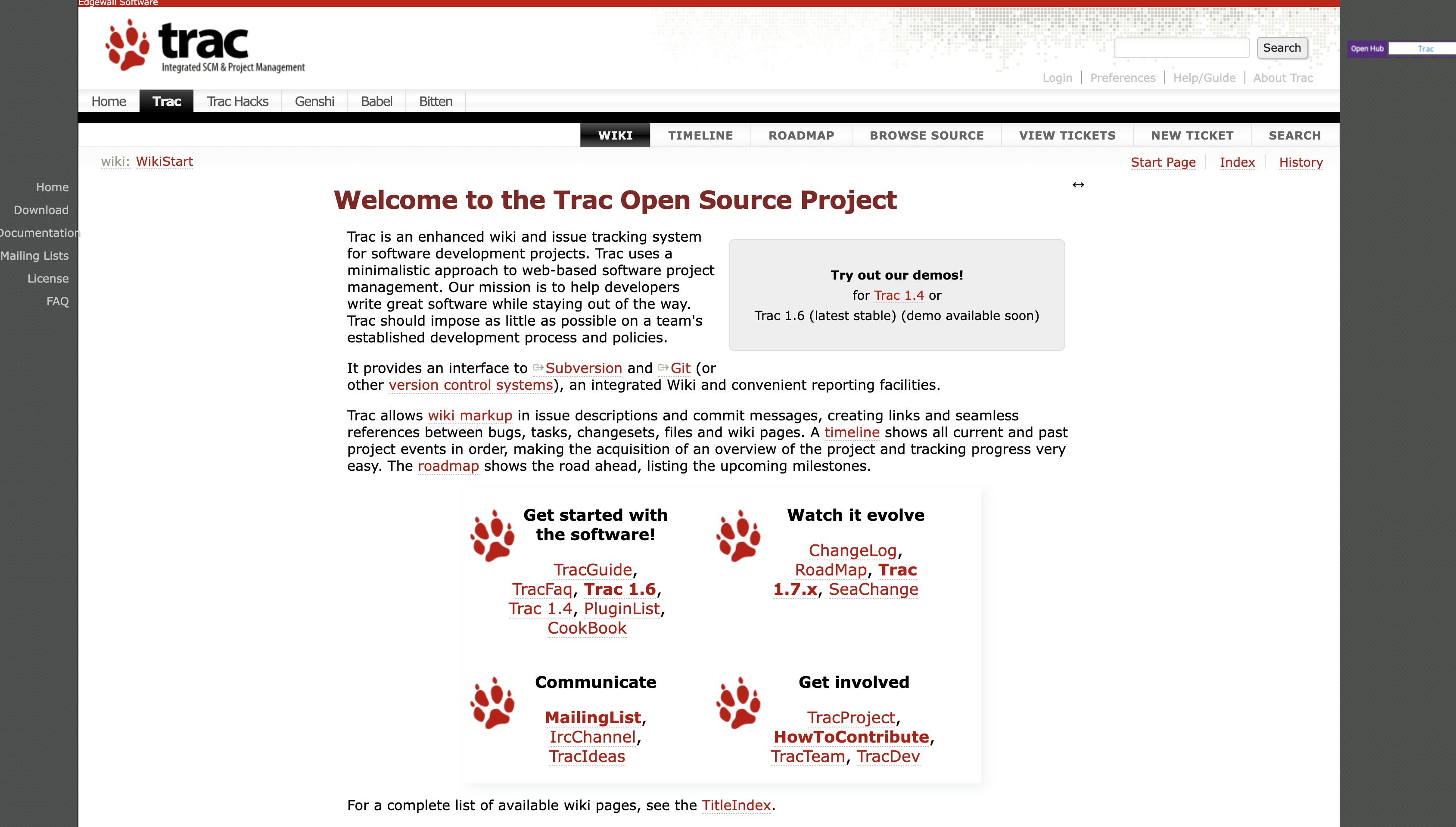 Screenshot of Trac homepage.