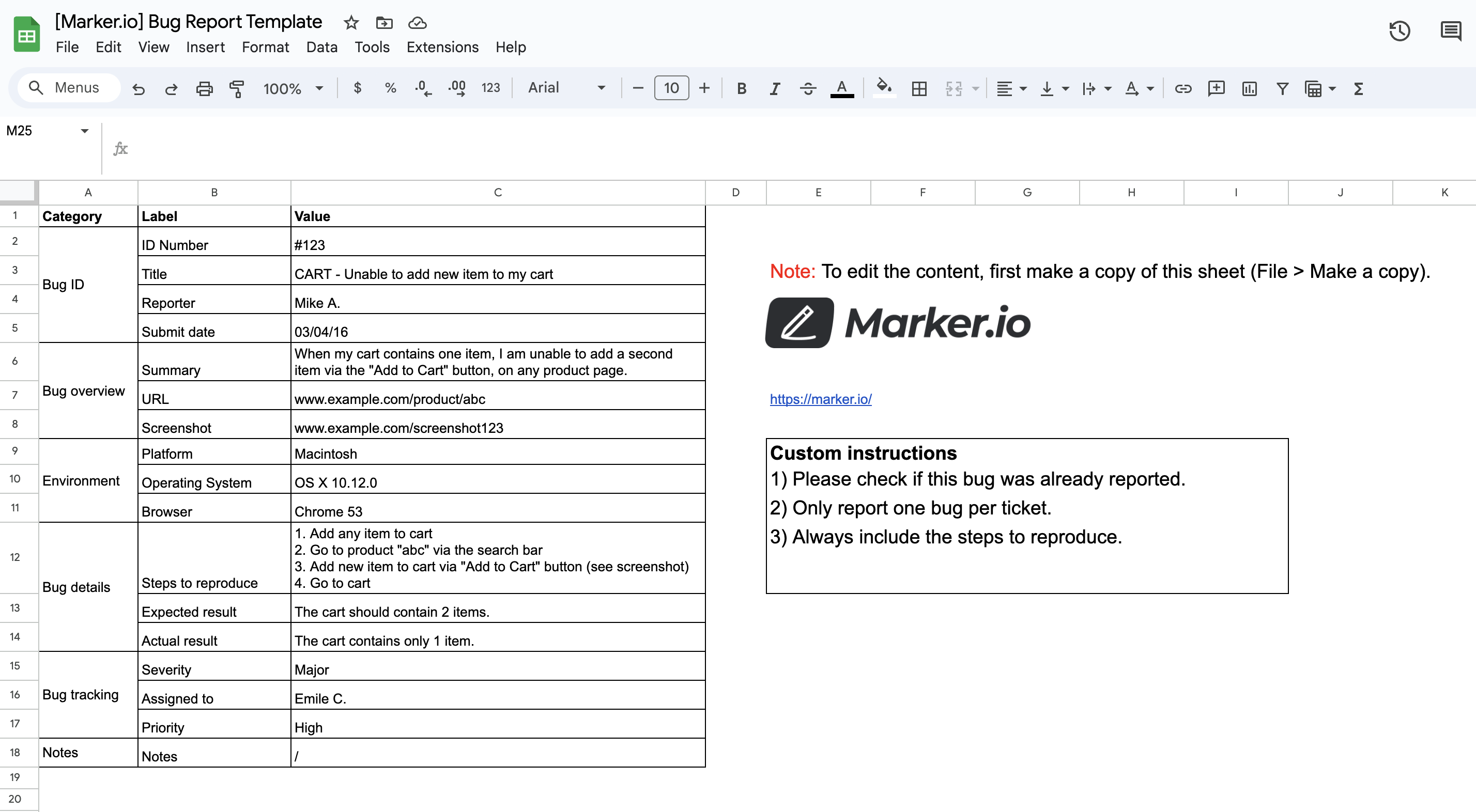 Marker.io's sample bug report template for Excel or Google Sheets.