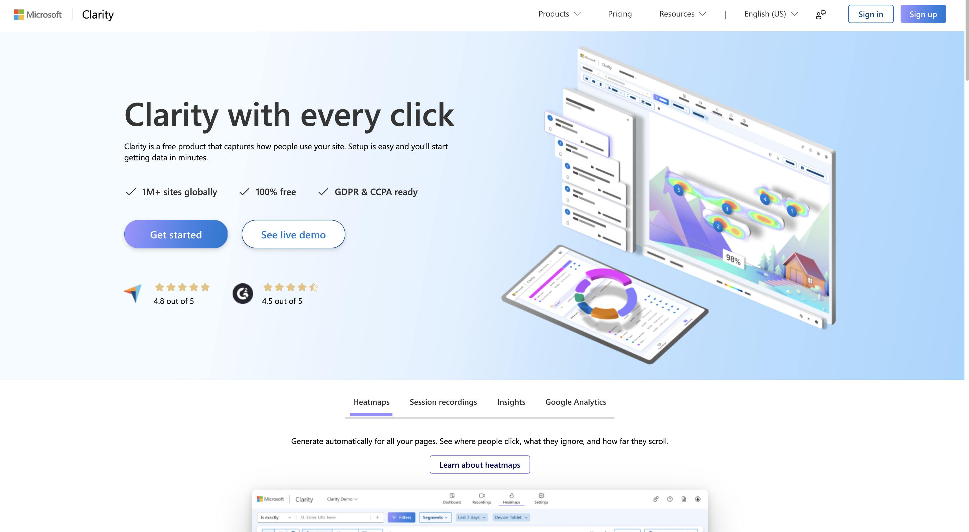 Screenshot of Microsoft Clarity homepage
