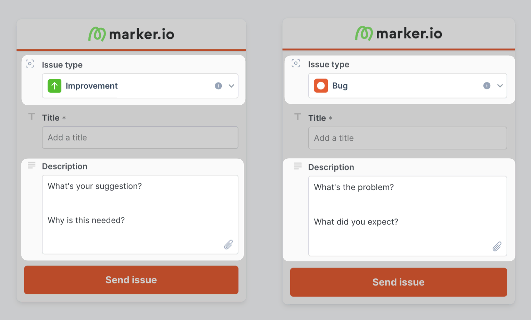 Example of different forms for custom issue types.