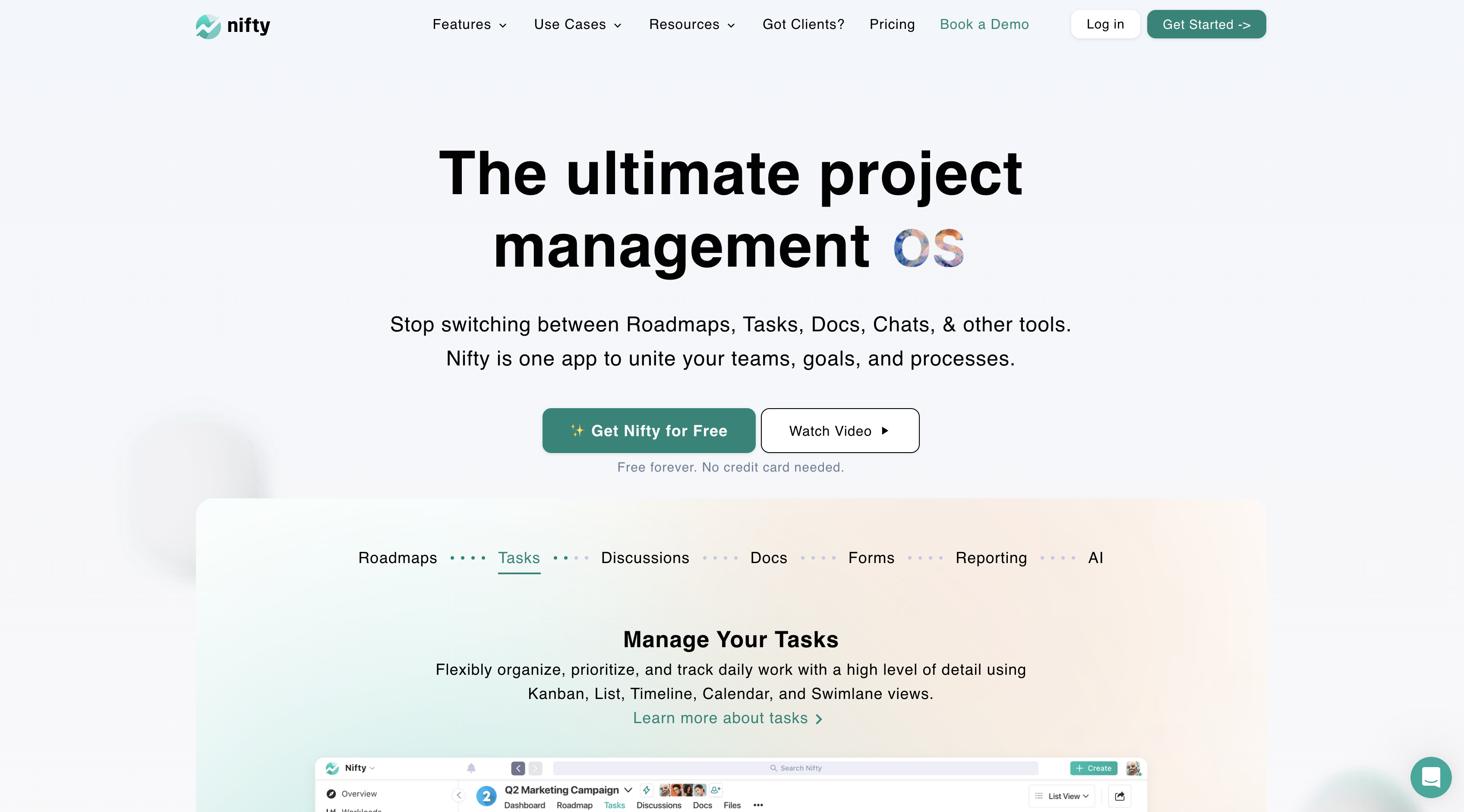 Screenshot of NiftyPM homepage