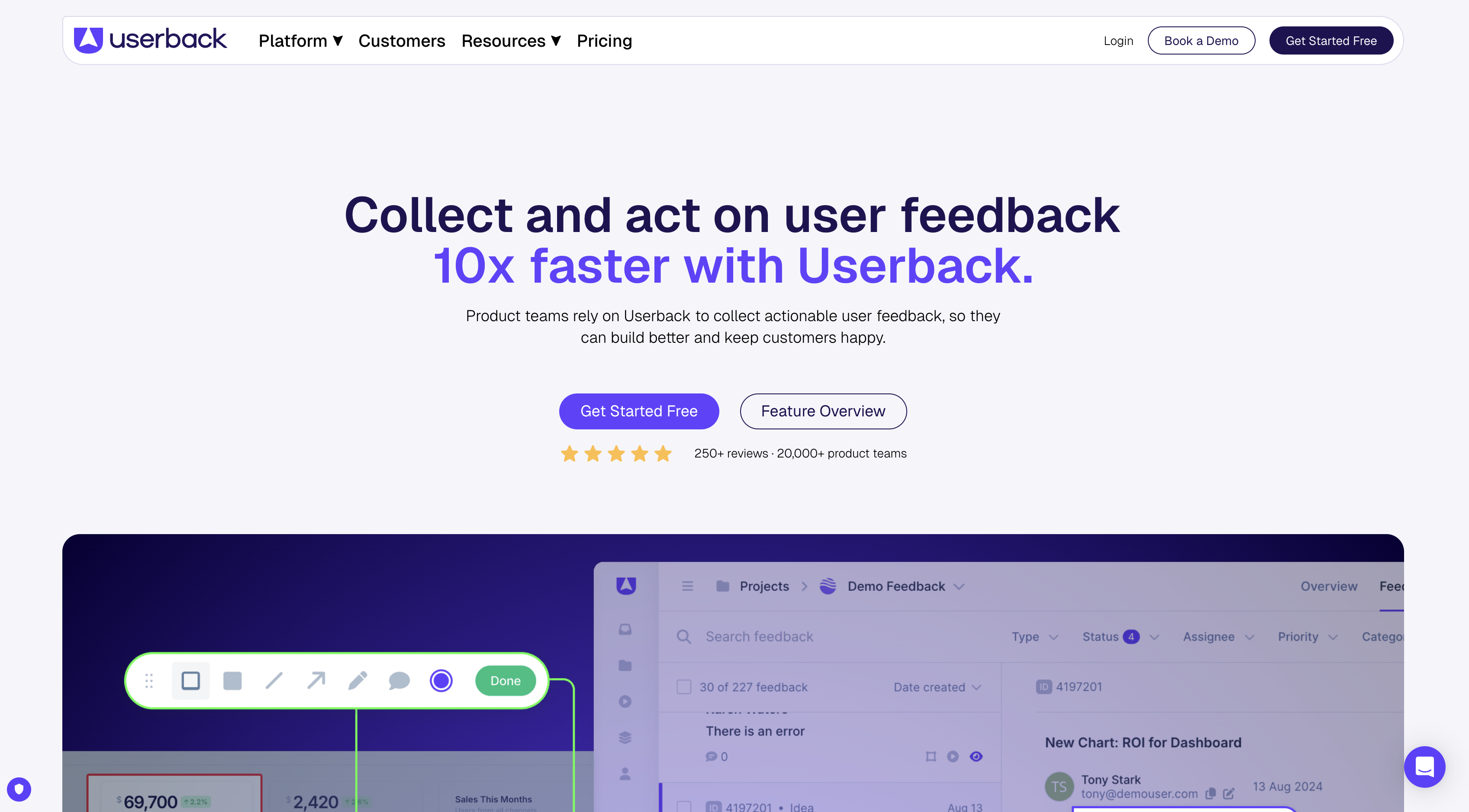 Screenshot of Userback homepage