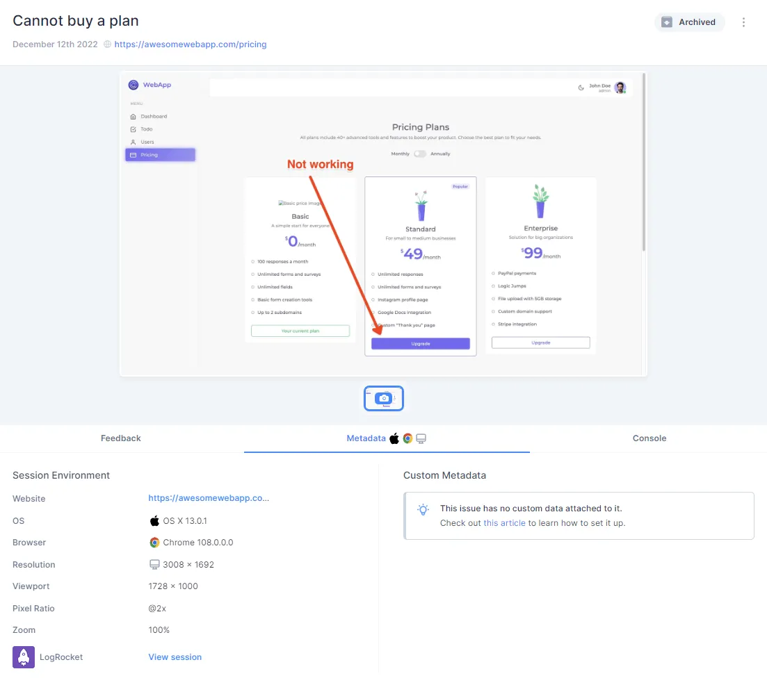 Example of an issue reported in Marker.io