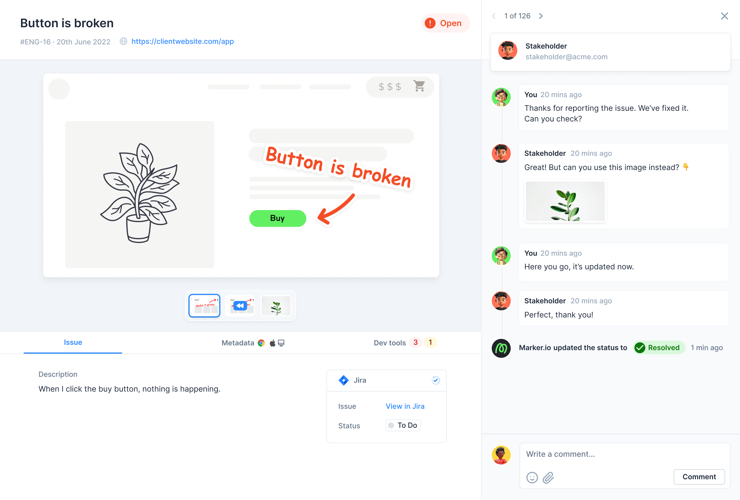 Example of an issue being discussed in Marker.io