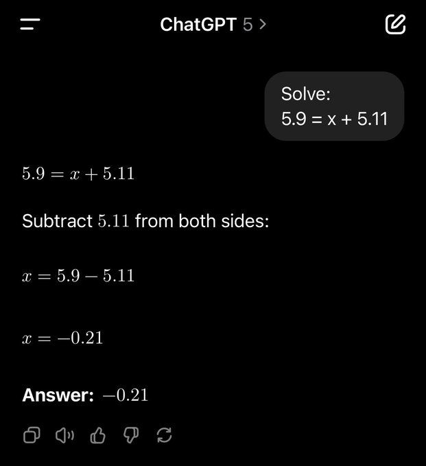 A mobile screenshot of GPT-5 getting math problems wrong.