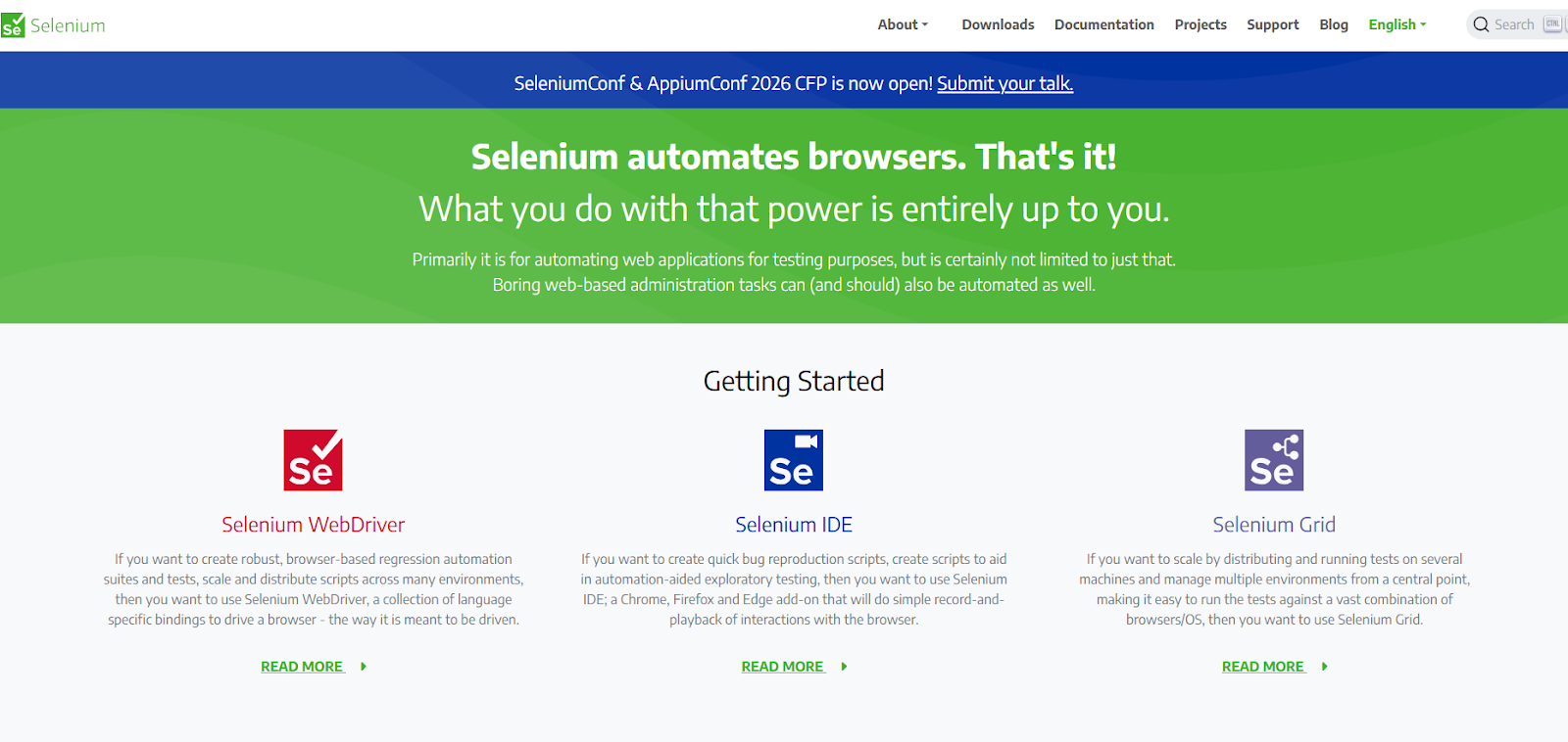Screenshot of Selenium homepage.