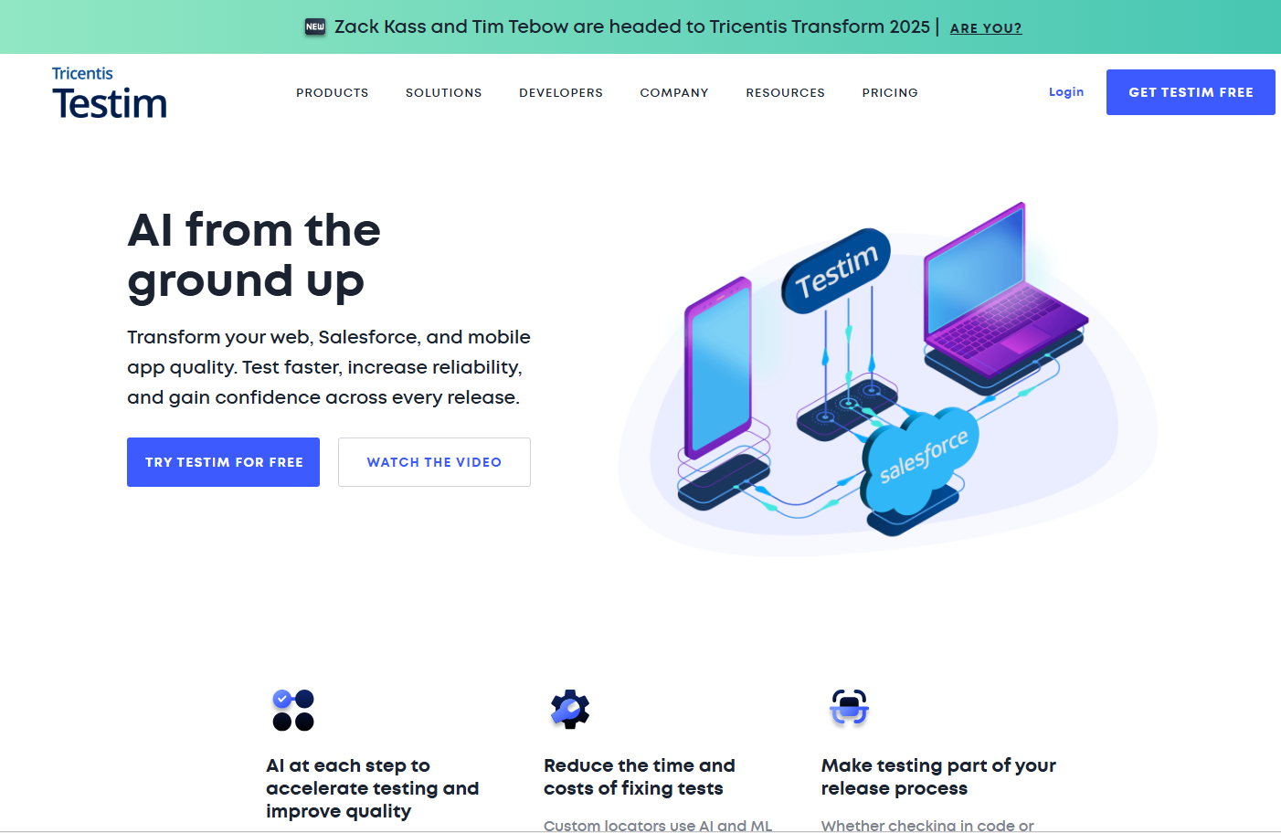 Screenshot of Testim homepage.