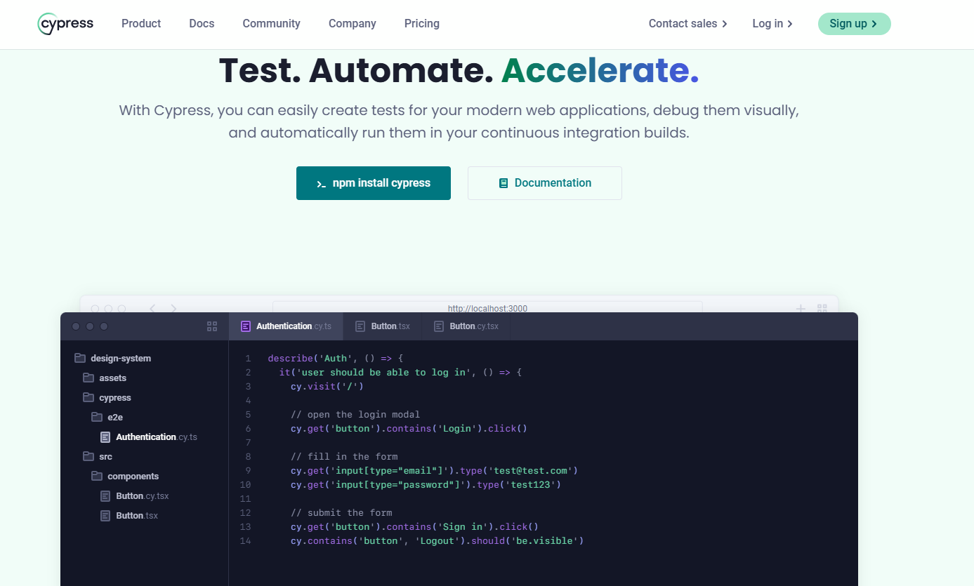 Screenshot of Cypress homepage.